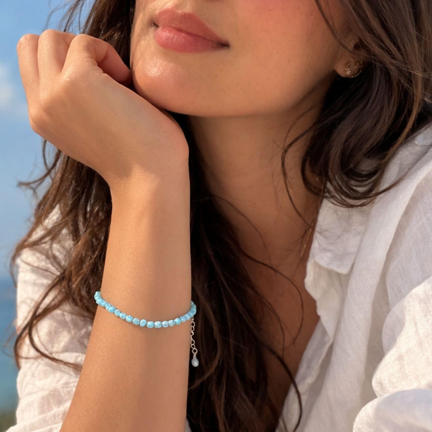 Natural Larimar Jewelry for Women Dolphin Stone- Pectolite -Sea- Caribbean Gemstone Beads Dainty Bracelet, Birthstone Energy Crystals, Silver Plated Chain 8 inch, Trendy Jewelry For Her