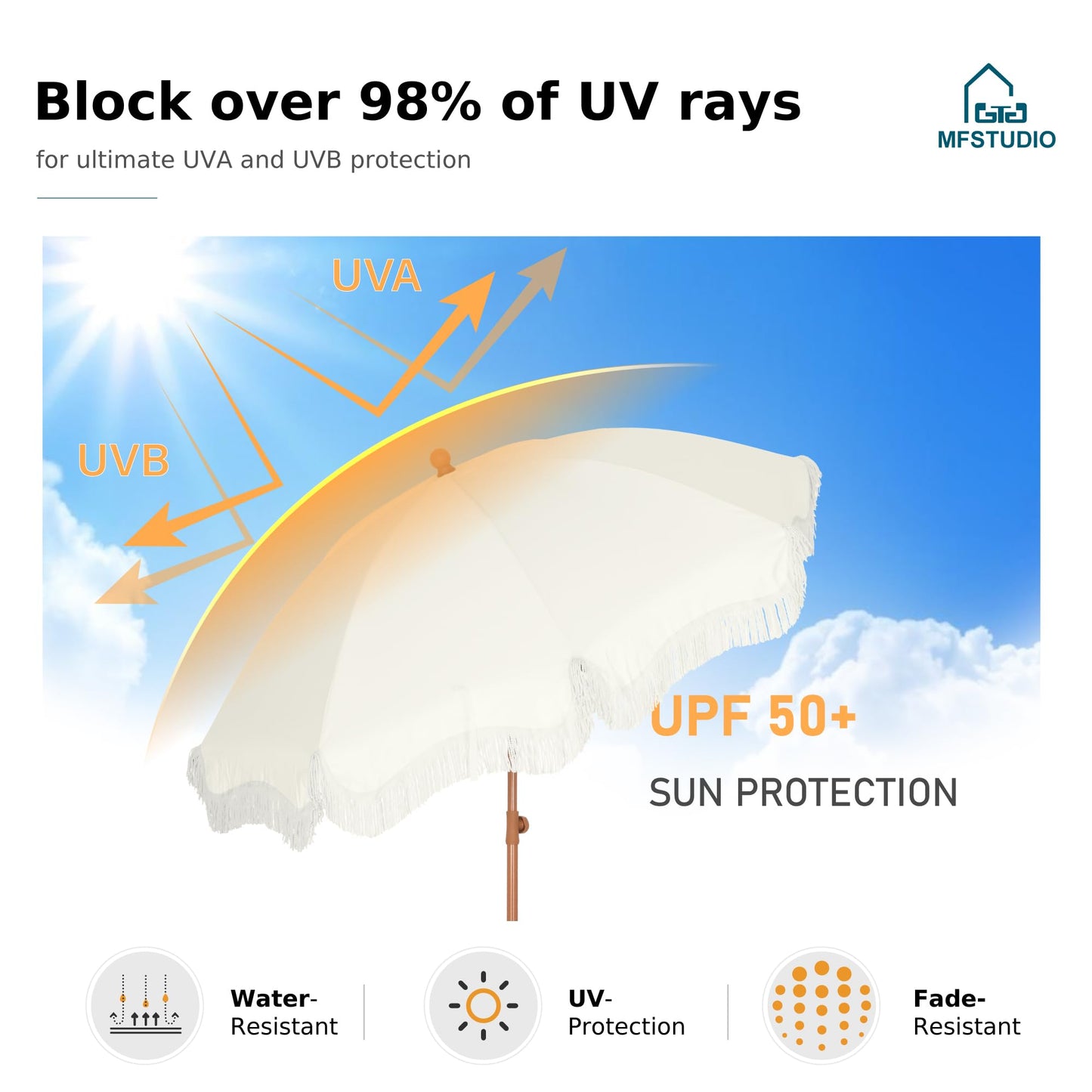 MFSTUDIO 7ft Patio Beach Umbrella with Fringe, Tassel Umbrellas UPF50+ with Sand Anchor & Tilt Button, Holiday Outdoor Umbrella with Carry Bag, Ideal for Garden Lawn Poolside, Ivory