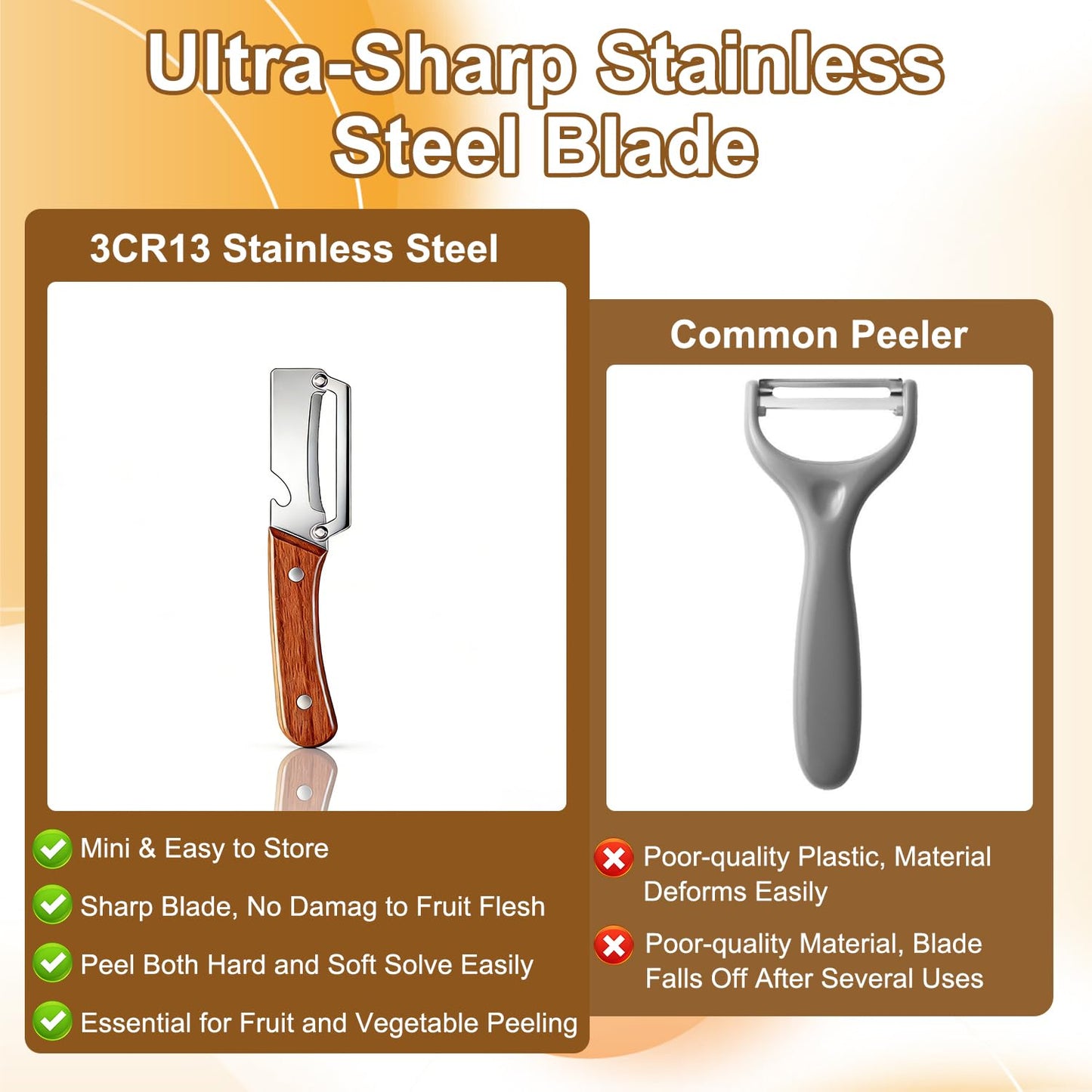 2pcs Premium Vegetable Peeler with Wooden Handle and Bottle Opener, Stainless Steel Blade Peelers for Kitchen Tool for Fruit Apple Potato Pumpkin Papaya