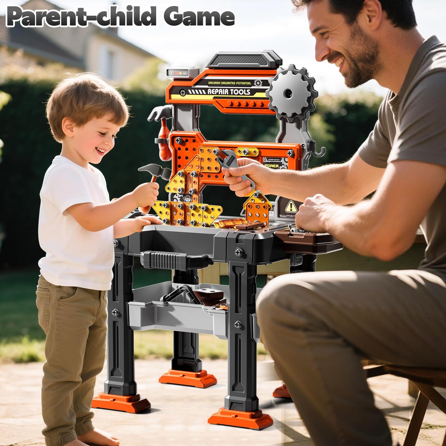 DULONIME 2 in 1 Workbench Tools Toys Set with Sound for Toddlers Aged 3-5, 145 PCS Educational Construction Mechanic Toolbox for Boys Girls, Pretend Play Toys Birthday Gift for Kids 3 4 5 6 Years Old