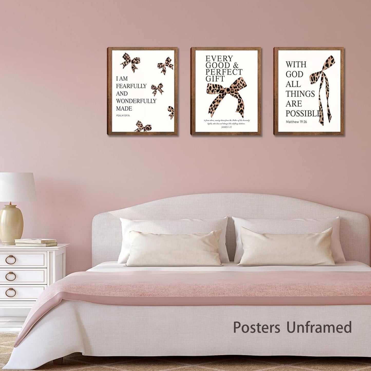 Leopard aesthetic Wall Art Decor Posters Set of 3 , Bow Christian Room Bathroom Bedroom Dorm Wall Art Aesthetic for College Teen Girls Gifts, Bible Verses Bow Wall Decor, 12x16 In Pictures (Unframed)