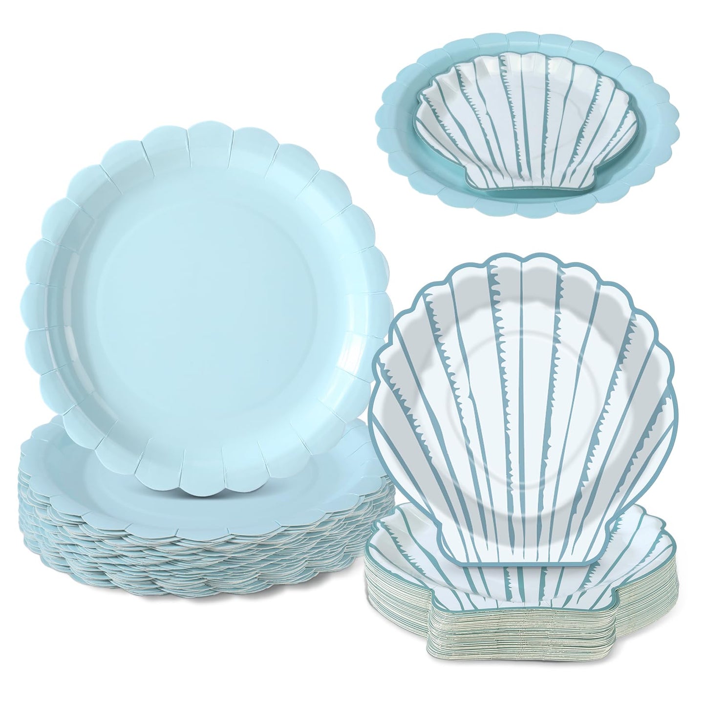 Ferrochef 100 Pcs Ocean Seashell Party Plates Supplies Set 7'' Seashell Disposable Paper Plates 9'' Floral Shaped Paper Plate for Summer Coastal Beach Mermaid Themed Birthday Baby Shower Decoration