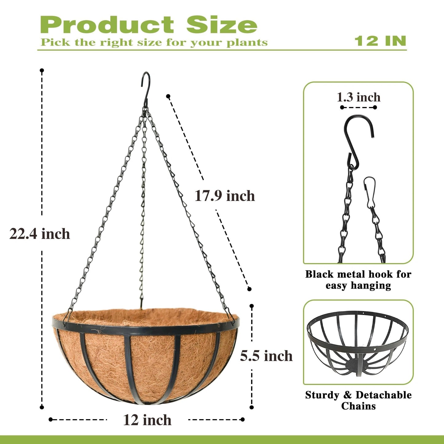 ZVOWOS 12 Inch Black Flat Iron Metal Hanging Planter Basket with Coco Coir Liner(4 Pack) Hanging Planters for Outdoor Plants Hanging Baskets for Plants Flower Pots for Deck Patio Porch Garden Balcony