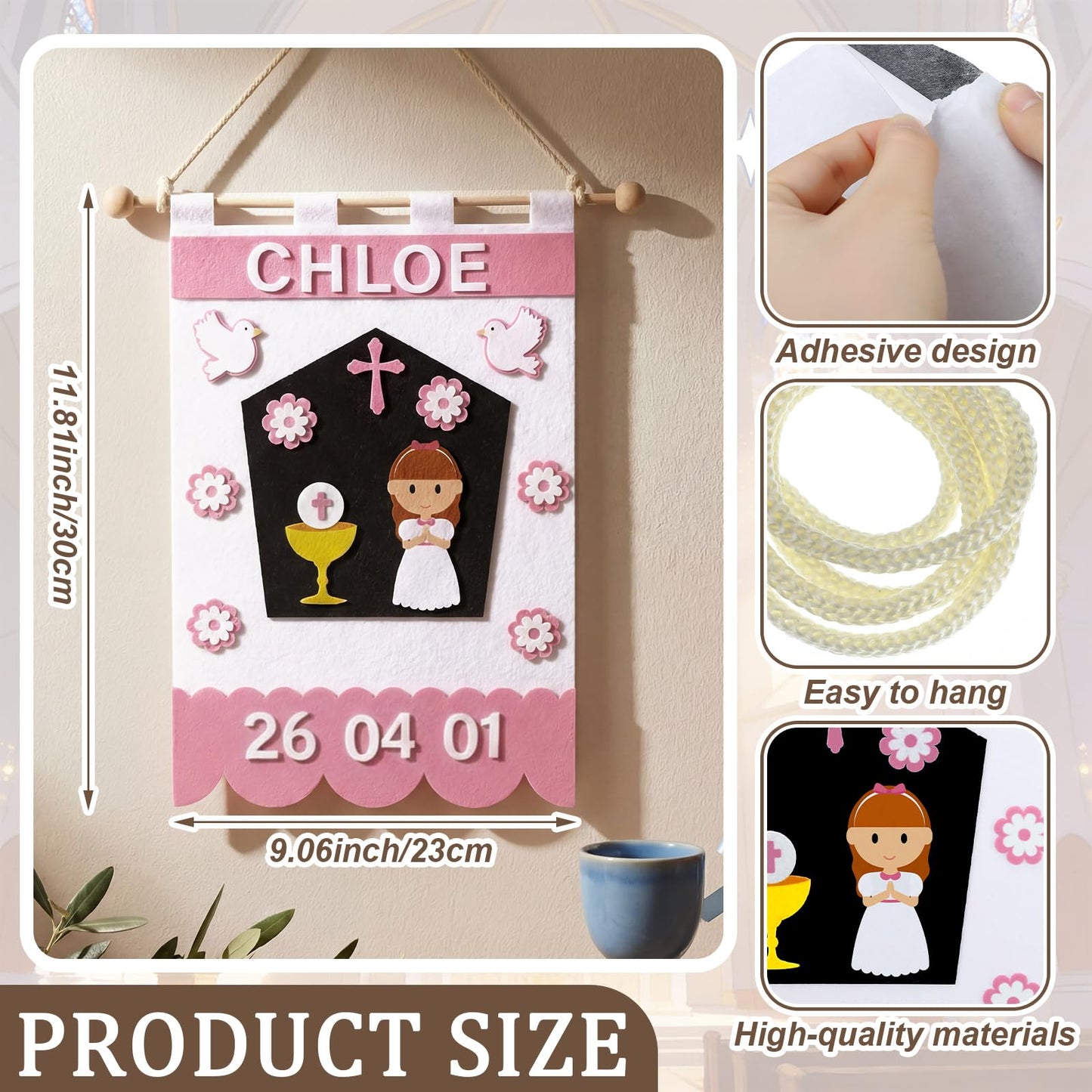 Hahafelt First Communion Banner Kit for Girls 9 x 12 Inches Pink DIY Felt First Holy Communion Banner Crafts Kits for Church Sunday School Catholic Special Events