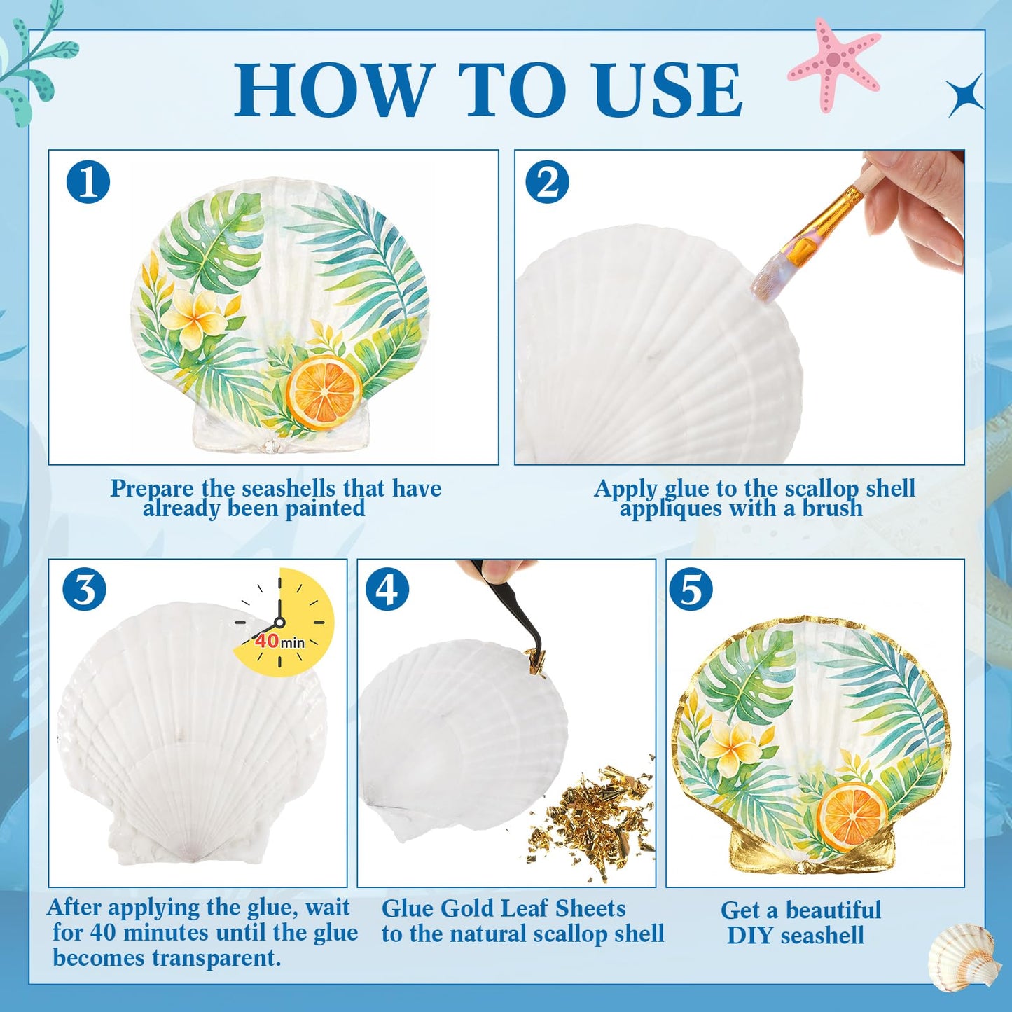 BreezeHug 10 Pcs Large Scallop Shells for Crafts 4-5 Inch White Seashells Bulk for Gold Leaf Crafts DIY Painting Baking Ocean Themed Party Supplies & Decorations with Adhesive Brush Tweezers