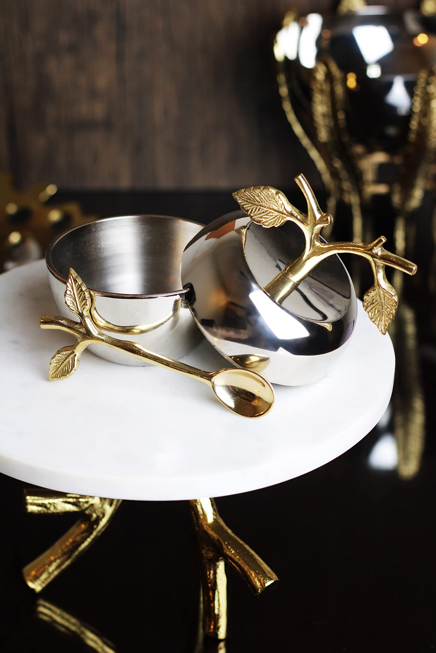 Silver Honey Jar Dish, Apple & Leaf Honey, Jam Server with Dipper Spoon Ideal for Serving Honey, Jams, Jellies, Gorgeous Gold Leaf Spoon, Stainless Steel & Brass, Everyday Rosh Hashanah & any Occasion