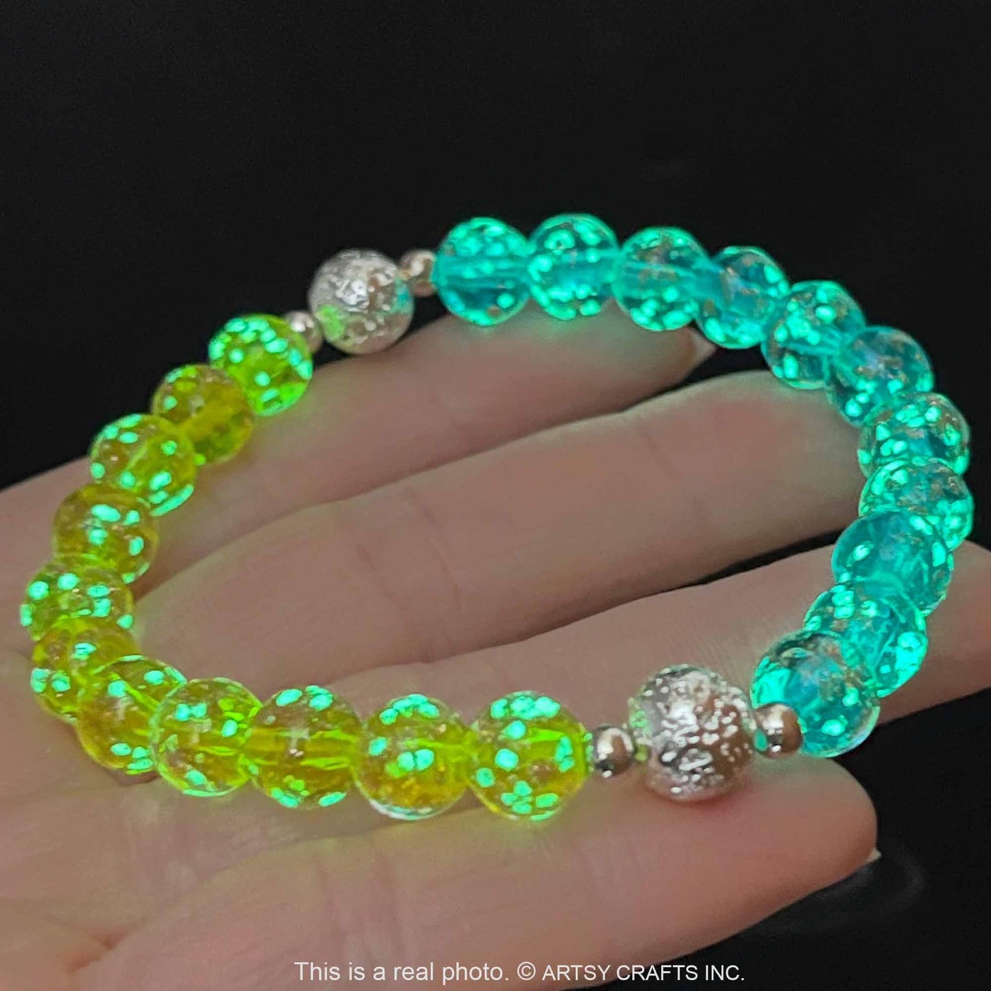 ARTSY CRAFTS INC Glow in The Dark Beads Bracelet, European Lampwork Bead Bracelet, Luminous Beads Anxiety Stress Relief Healing Crystal Chakra Bracelets Women Men (Blue and Lime)