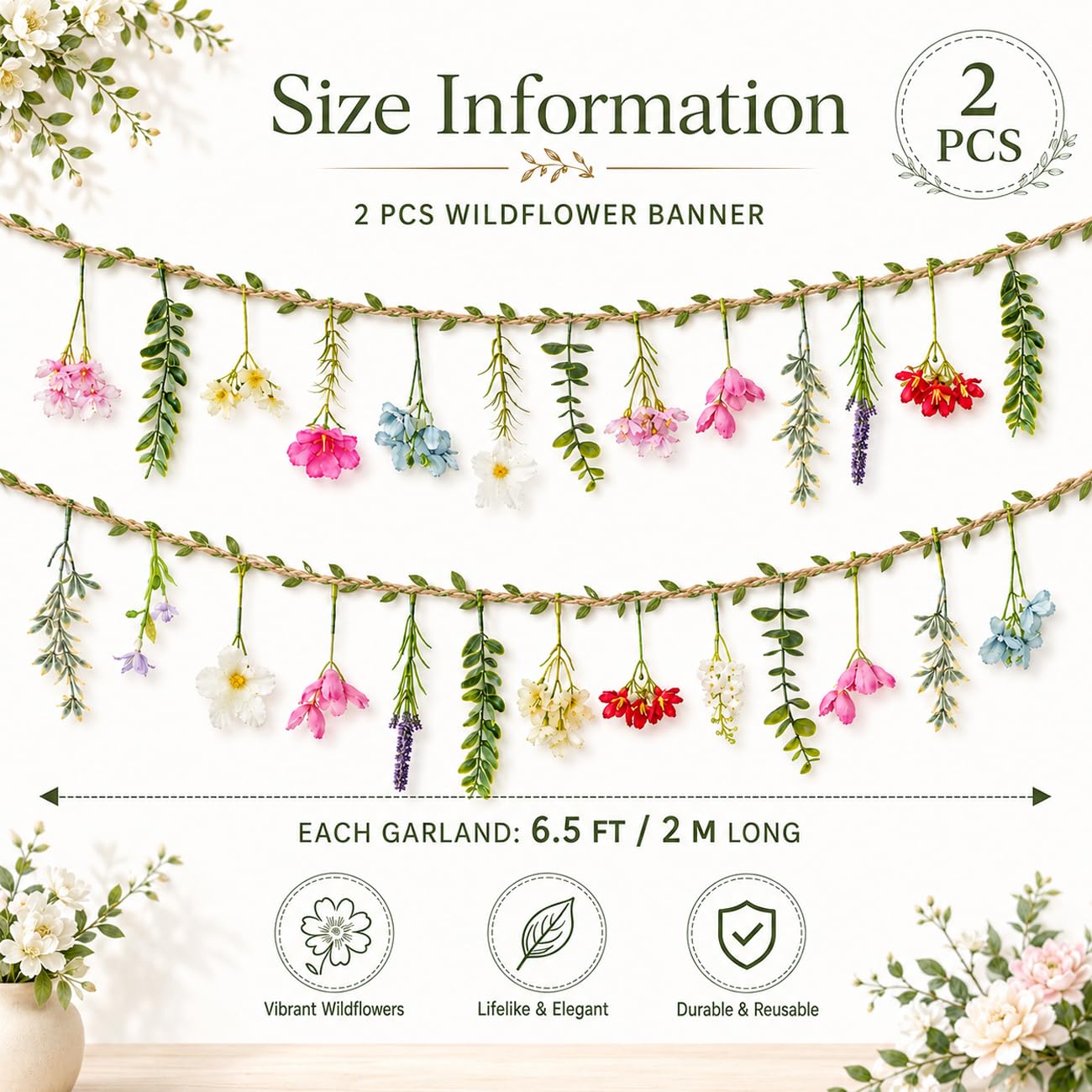 2 PCS 6.5ft Artificial Flower Banner Wildflower Garland Hanging Flowers for Garden Birthday Wedding Tea Party Bridal Shower Home Spring Supplies(Hemp Rope)