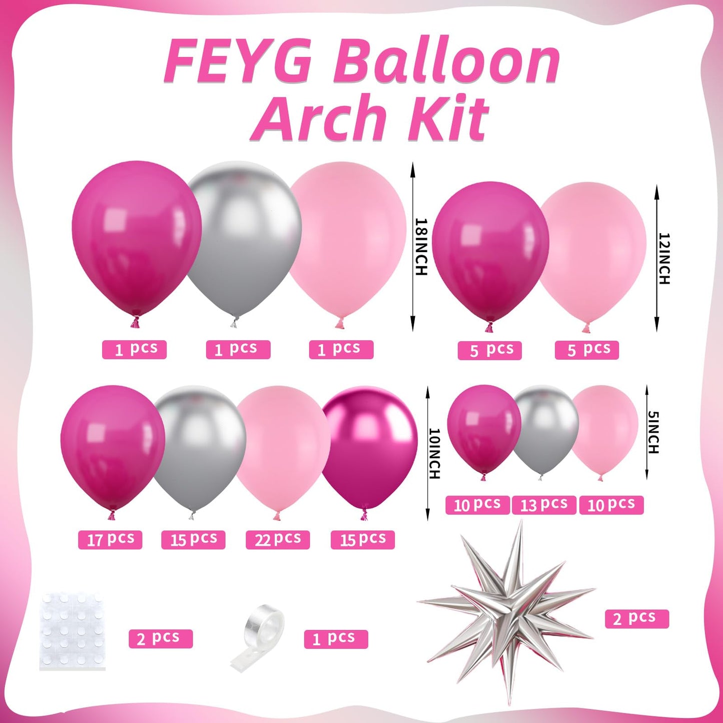 Pink and Silver Balloon Arch Kit, 120PCS Pastel Pink Hot Pink silver 4D Star balloons for girl for Baby Princess Theme Party Birthday Girl Baby Shower Anniversary Wedding 2025 graduation