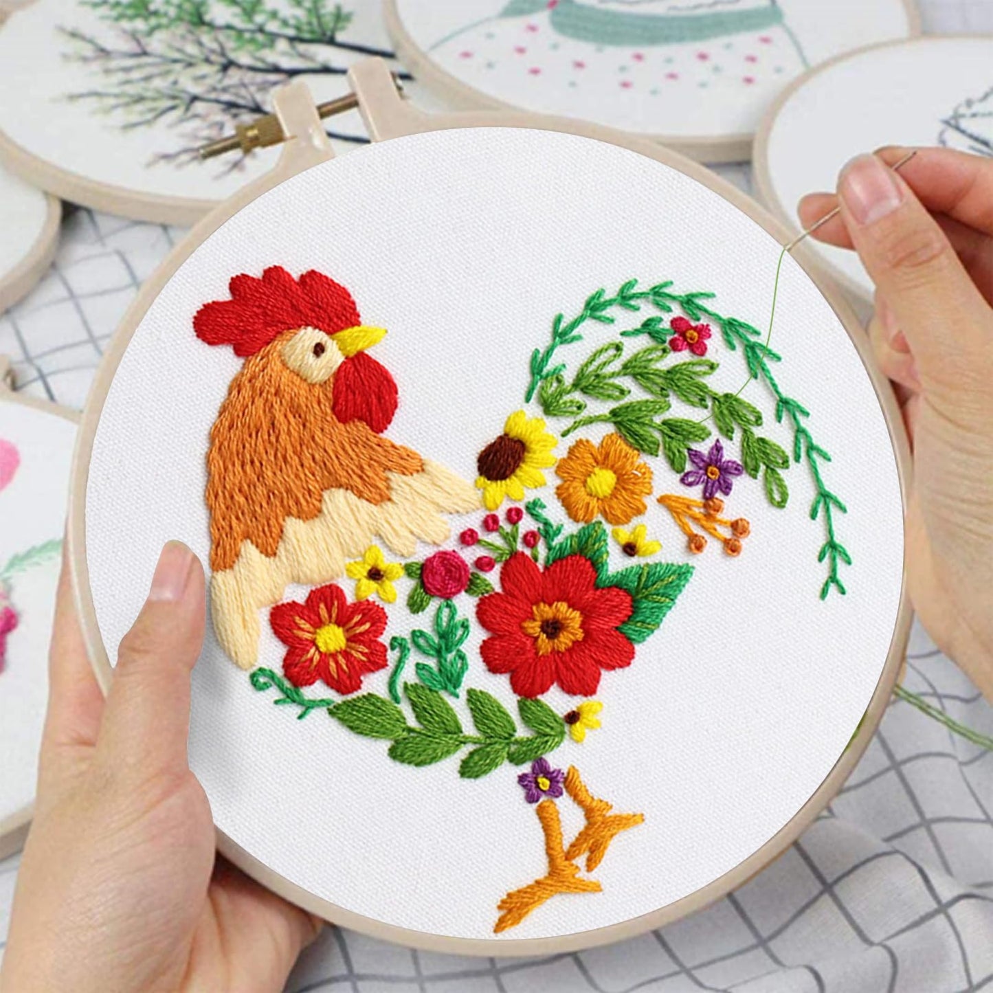 Louise Maelys Embroidery Kit Canvas Tote Bag for Beginners,Cross Stitch Kits for Adults,DIY Needlepoint Include Rooster and Flower Pattern,Women Shopping Reusable Grocery Bags