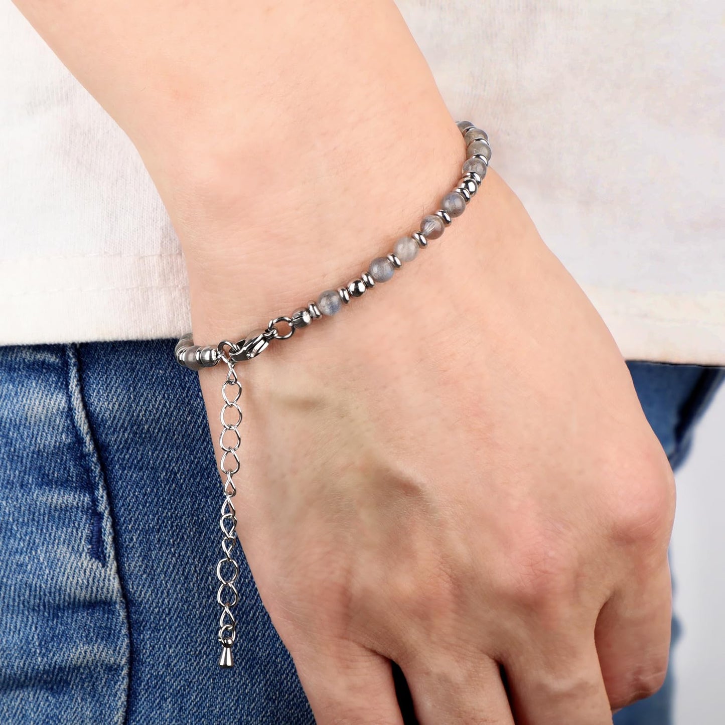4mm Labradorite Tiny Beaded Bracelets For Women, Energy Gem Charm Jewelry Adjustable Bracelet Gifts for Mom, Daughter, Wife, Coworkers, Friends, Bestie