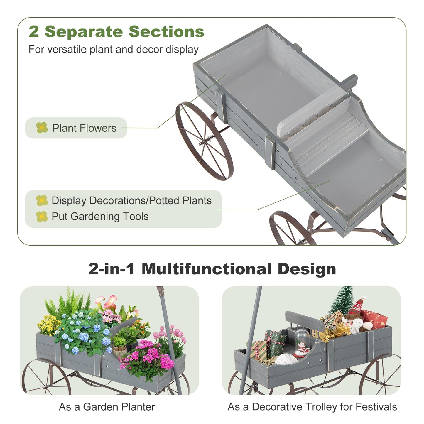 CHEFJOY Wooden Wagon Planter, Decorative Garden Wheelbarrow Planter with 2 Planting Sections, Rolling Wheels, Adjustable Handle, Small Wagon Cart Planter Stand for Flowers Vegetables Herbs (Grey)