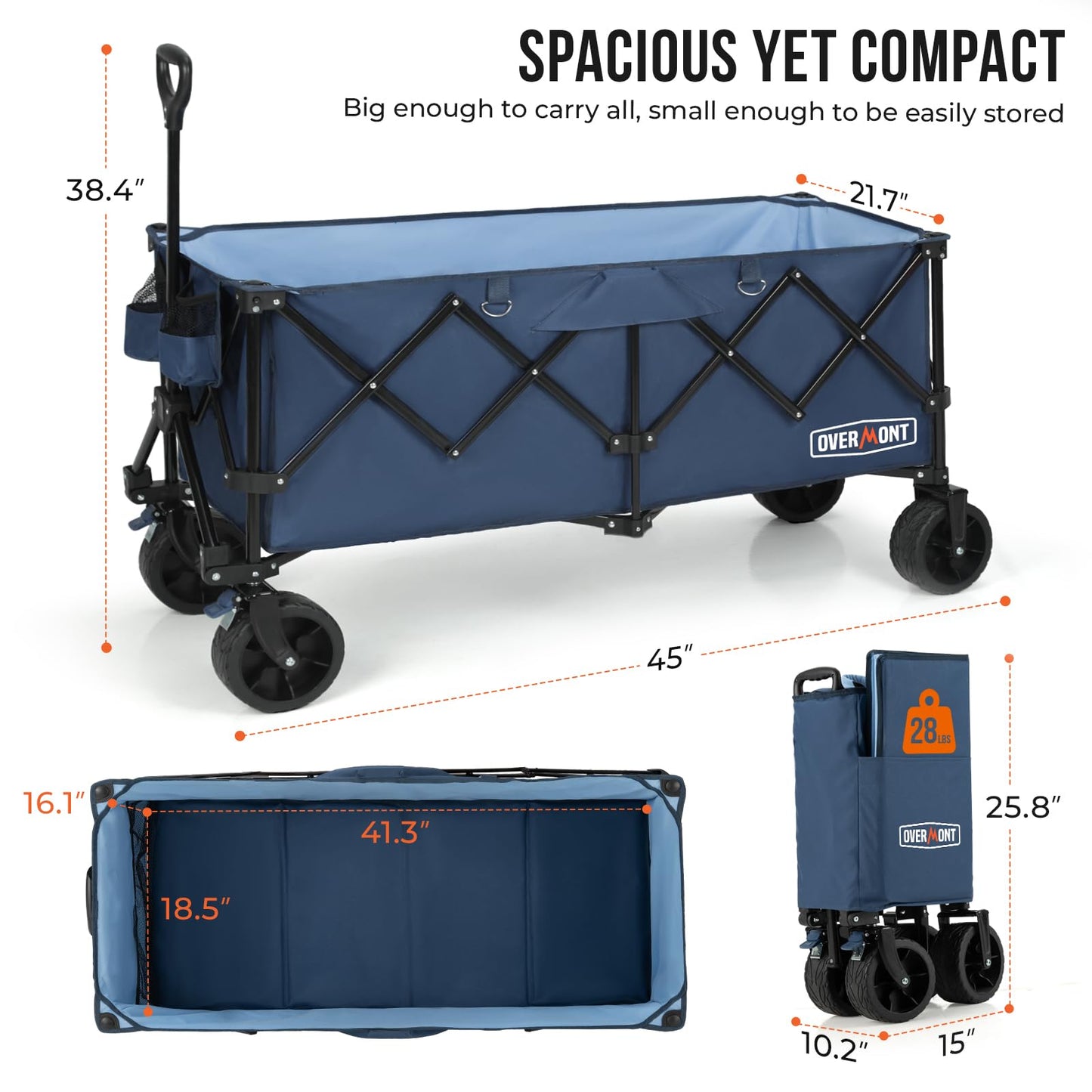 Overmont 45'' Collapsible Foldable Extended Wagon Cart - 300L Heavy Duty 440lbs Large Capacity Folding Utility Wagon with All-Terrain Wide Wheels for Camping Sports Grocery Beach