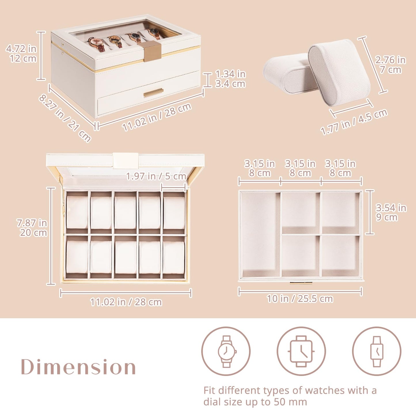 ProCase Watch Case for Women, Valentine Gifts, 10 Slot Watch Display Case with Drawer, 2-Layer Womens Watch Box, 10 Watch Box Organizer, Jewelry and Watch Holder Storage Case with Glass Lid -Beige