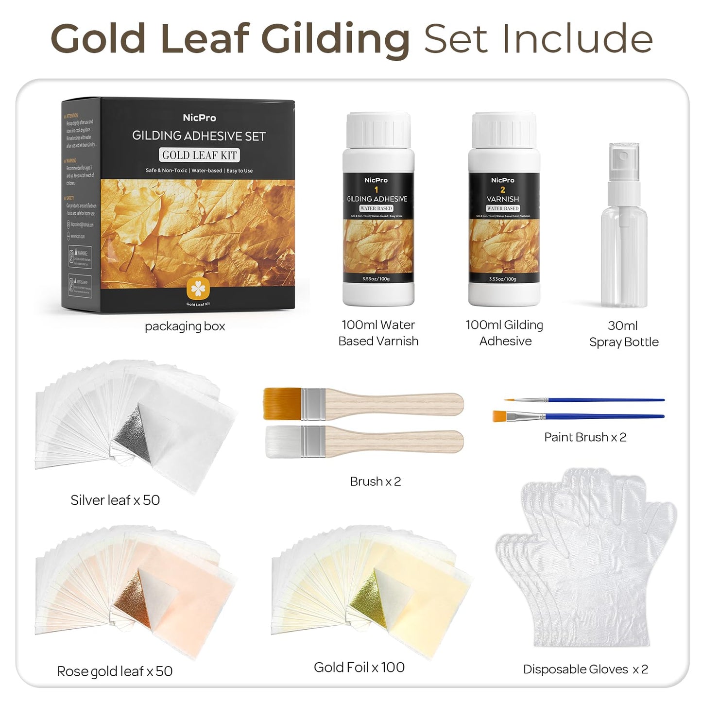 Nicpro Gold Leaf Gilding Adhesive Set, 100ml Water Based Glue and 100ml Varnish, 200 pcs Gold Leaf/Rose Gold/Silver Leaf Sheets for Arts, Painting, Craft, Furniture and Decoration with 4 Brushes