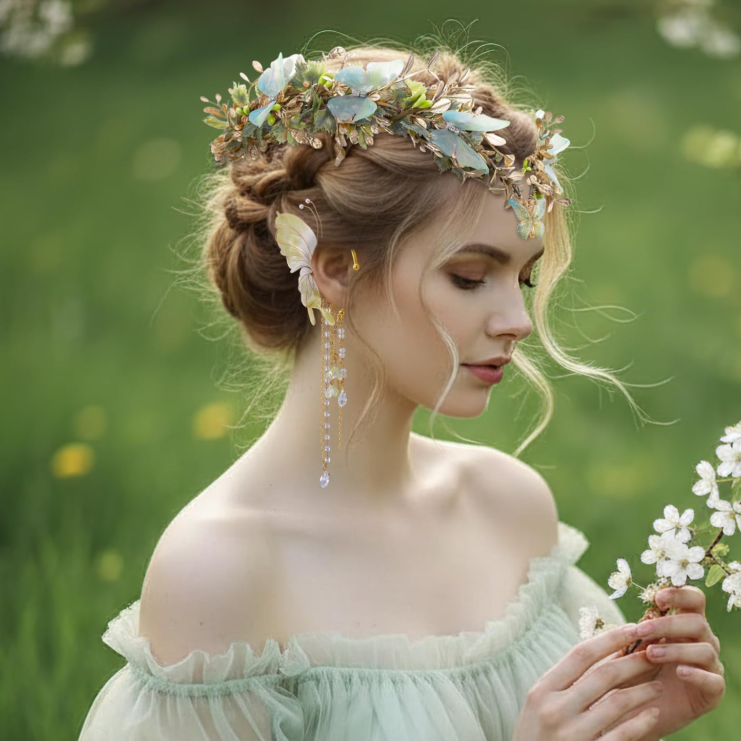 MOSTORY Butterfly Fairy Accessories Set - Green Flower Elf Crown Elf Ear Cuffs Kit for Woodland Renaissance Costume Women Forest Fantasy Fairycore Cosplay