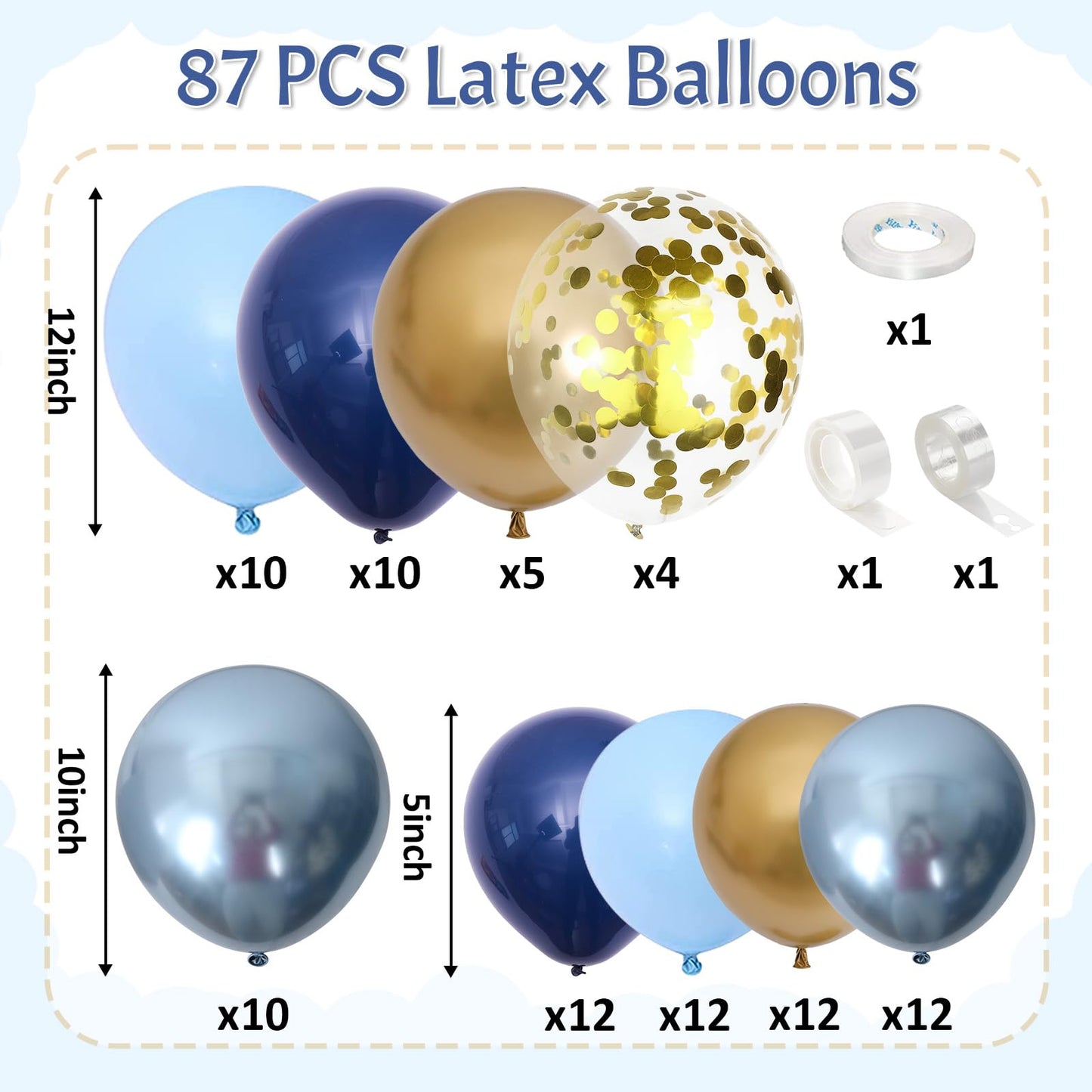 Blue Gold Balloons Garland Arch Kit, Navy Blue Light Blue Metallic Gold Blue Balloon Arch Kit, Macaron Blue Gold Confetti Balloon for Birthday Wedding Graduation Baby Shower Party Decorations
