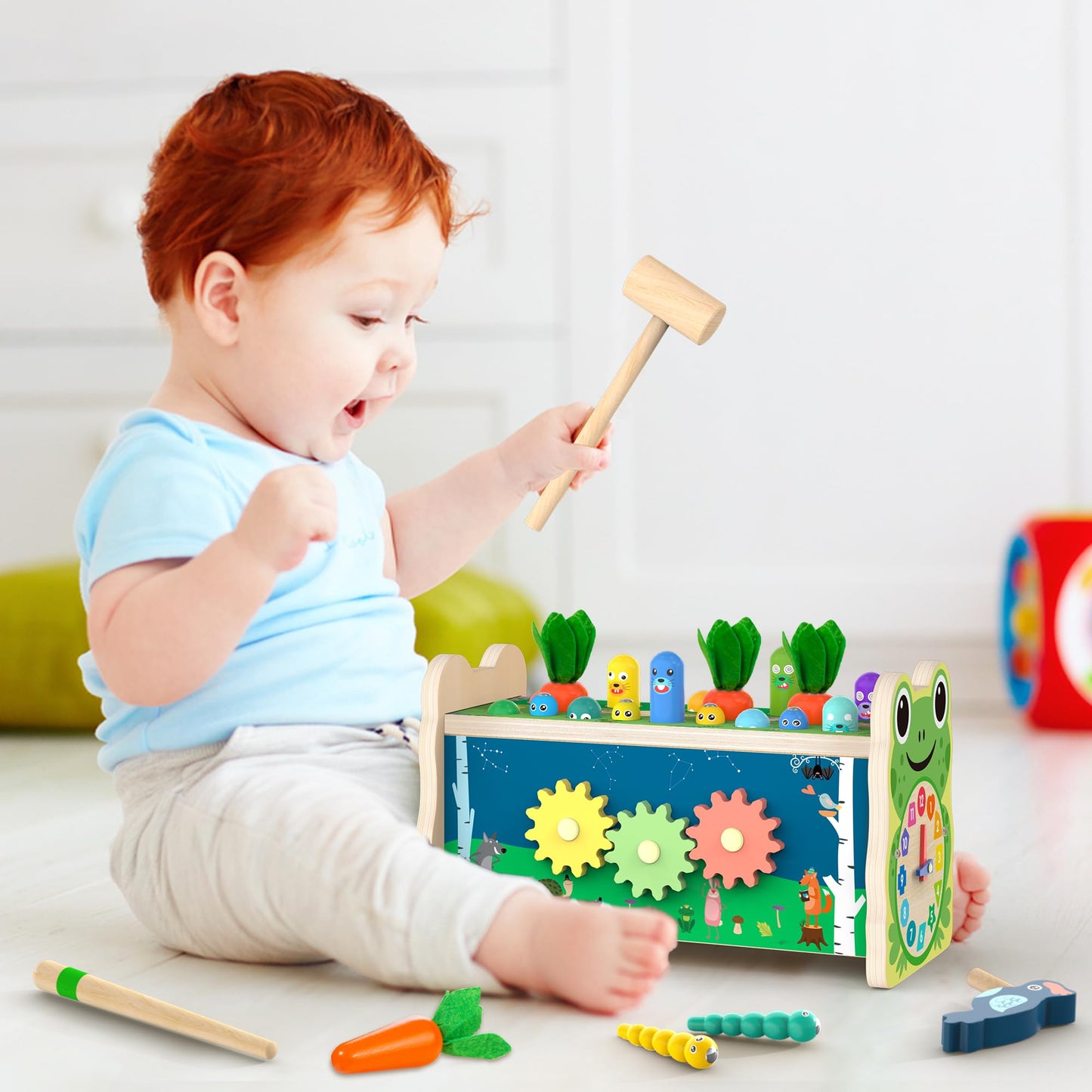 Amtreen 6-IN-1 Wooden Montessori Toys for 1 Year Old, Mole-Tapping Game | Play the Xylophone | Frog Clock | Carrot Harvest Game | Spinning Gear, Toddler Toys Aged 1-4, Baby Toy Gift for Early Learning