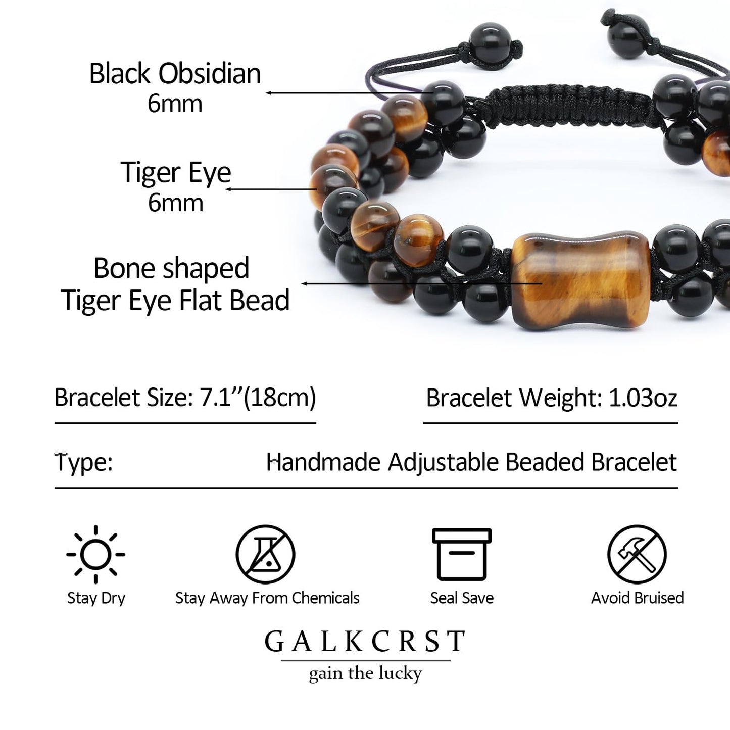 GALKCRST Tiger Eye Black Obsidian Bracelet for Men, Double Layer Natural Stone Beads Bracelet with Bone-Shaped Tiger Eye Focal Bead, Adjustable Braided Cord Triple Healing Crystal Bracelet, Men's Jewelry Gift