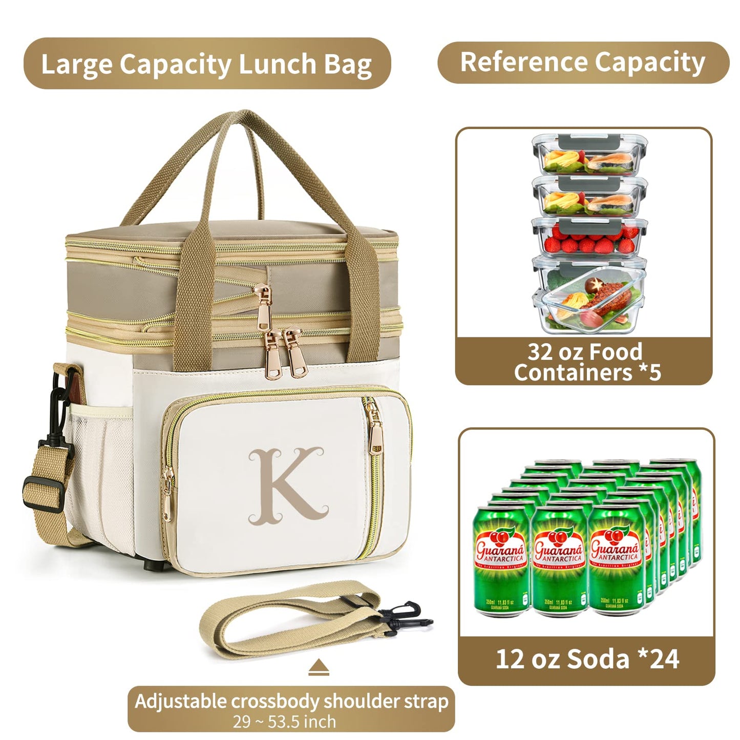 LOKASS Personalized Initial Lunch Bag for Women, 16L Large Insulated Adult Lunch Box Leakproof LunchBox, Mother's Day Lunch Bag with Strap Gifts for Wife, Mom & Friends for Work, Picnic, Travel C