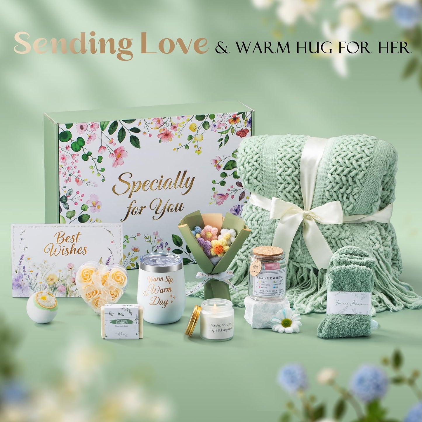 Birthday Gifts for Women, 11 Pcs Sage Green Self Care Package Get Well Soon Gift Baskets, Inspirational Thinking of You Thank You Gift with Bath Spa Gift Set - Unique Gifts for Women