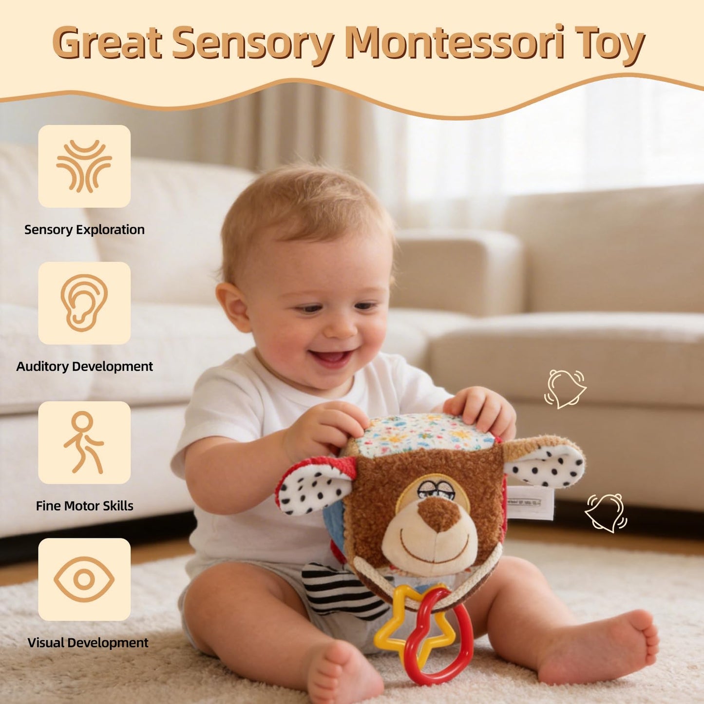 littlove Hanging Baby Toy Cube for Car Seat, Infant Sensory Toys 0-6-12 Month, Montessori Plush Toys for Plane Travel Game Activity with Crinkle, Squeaky, Textures, Mirror Nowborn Baby Boy Girl Gifts