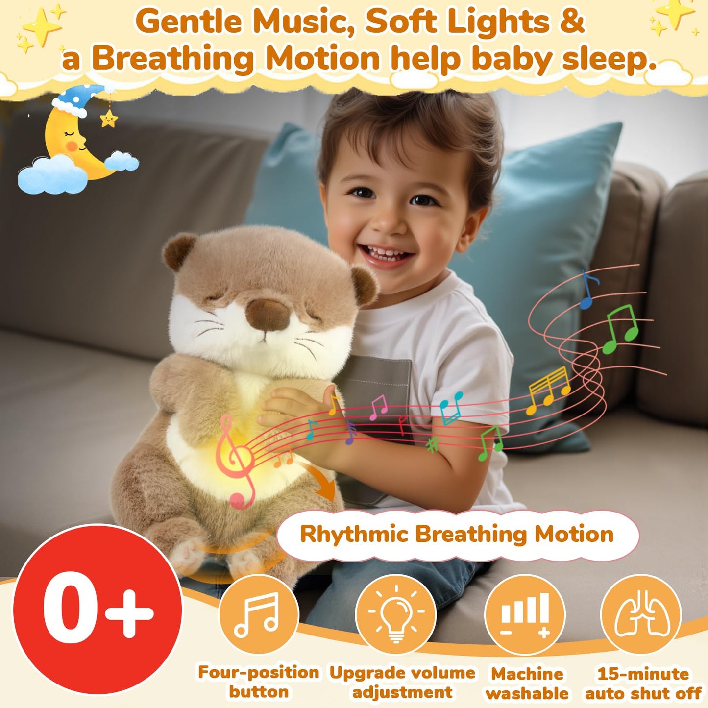 Breathing Stuffed Animal, Soothe Snuggle Otter Plush for Anxiety Adults and Kids, Volume Control, Machine Washable, Baby toy Sleep Buddy Soothing Otter with Realistic Breathing and Lights Music