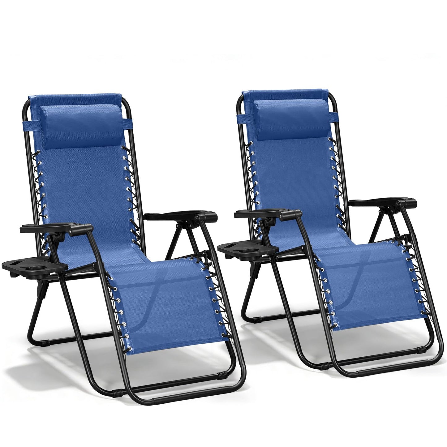 Zero Gravity Chairs Set of 2, Adjustable Lounge Chair Outdoor Recliner, Folding Reclining Lawn Chair, Anti Gravity Chair with Pillow & Cup Holder for Pool Camping Sunbathing Beach Patio (Blue)
