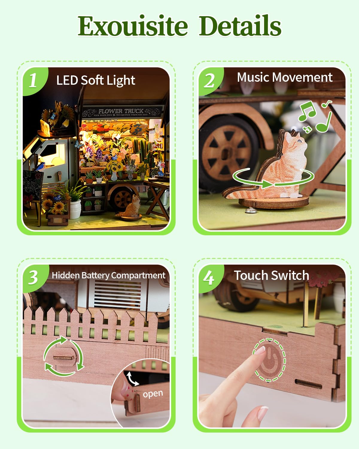 Rnfinewow DIY Miniature House Kit Flower Cart, DIY Miniature Dollhouse Kit with LED Light Music for Room Bookshelf Decor, Tiny House Crafts for Adults, Birthday for Men Women Teens