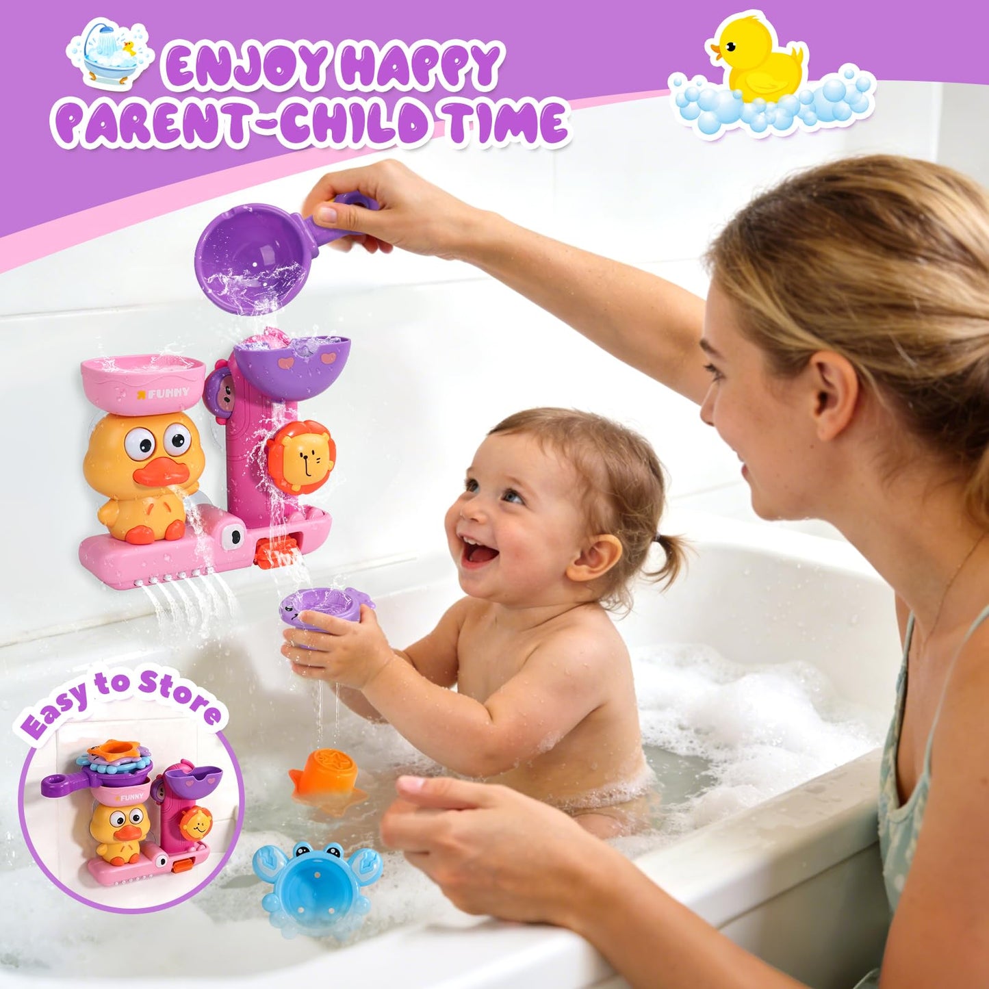 Baby Bath Toys for Kids Ages 1-3 Interactive Toddler Bath Toys Duck Learning Mold Free Shower Tub Toys for 1+ Year Old Girl Gifts with 3 Stacking Cups & 1 Water Spoon(Pink)