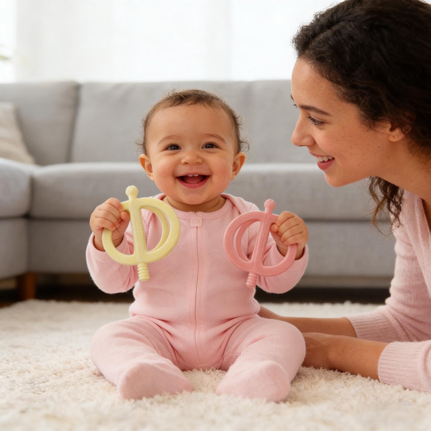 Baby Teething Toys Easy to Hold - 100% Food Grade Silicone Teething Ring for Babies 0-18 Months - BPA Free Teething Pain Relief for Infants 3-6-12 Months,Yellow&Pink