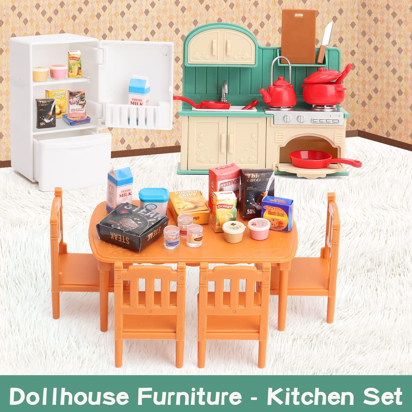 Dollhouse Furniture Set for Kids Toys Miniature Doll House Accessories Pretend Play Toys for Boys Girls & Toddlers Age 3+ with Kitchen
