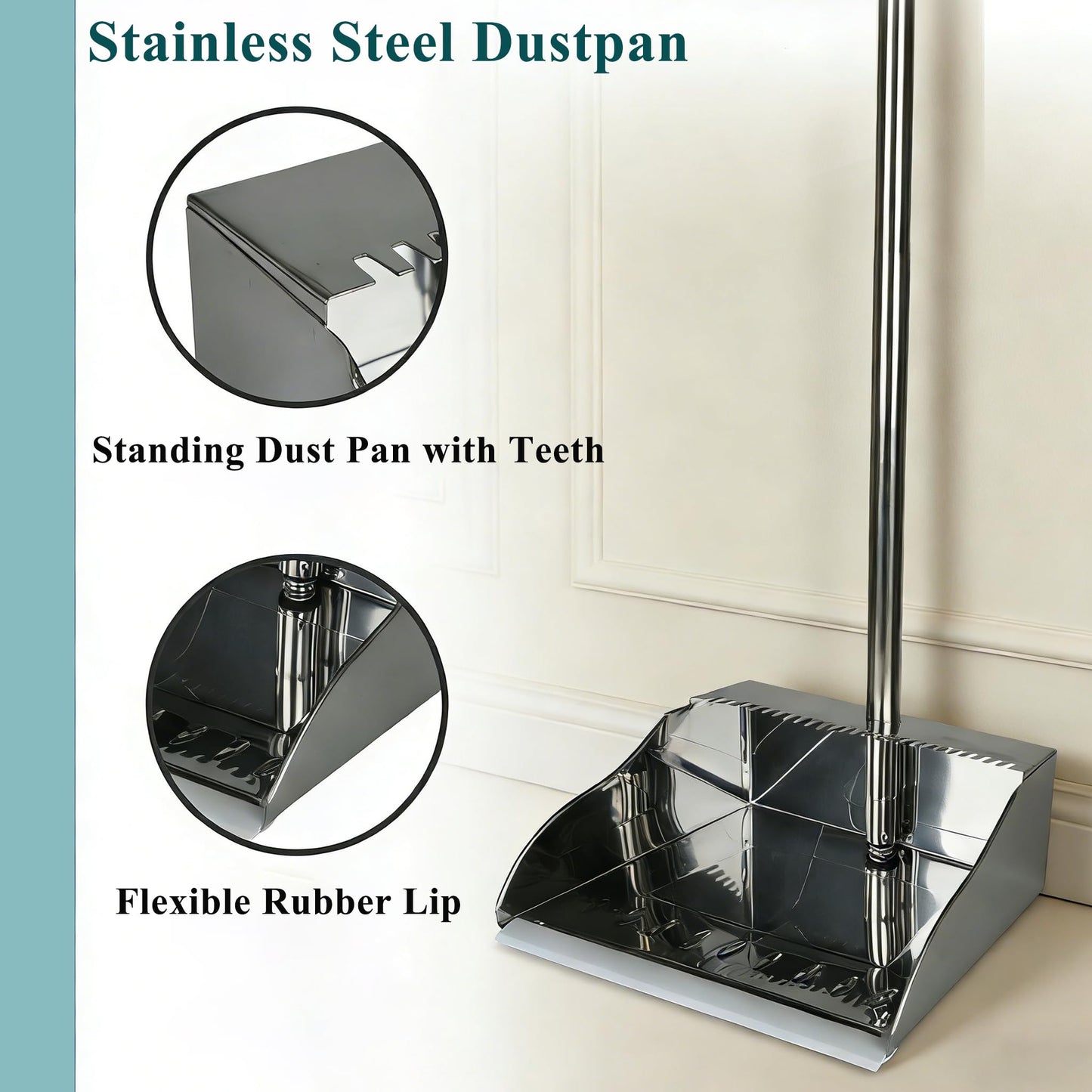 Metal Dustpan and Heavy Duty Broom Set, Stand Up Dustpan with Outdoor Stiff Bristles Broom for Hardwood Patio Room Office Floor Sweeping