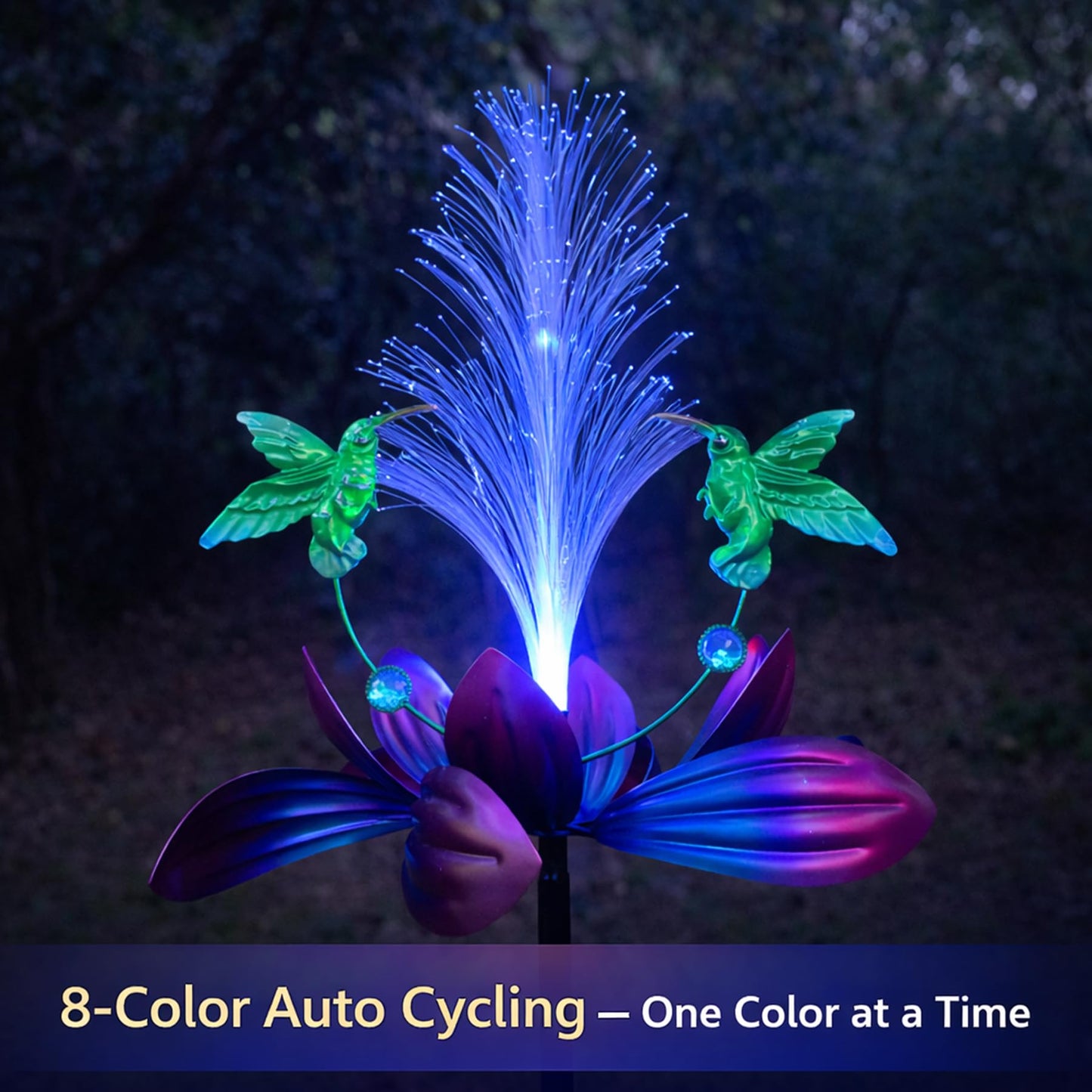 Solar Hummingbird Wind Spinner Outdoor 49 Inch Lotus Flower Metal Garden Windmill for Yard and Color Changing Fiber Optic Solar Yard Art Kinetic Wind Spinner Gift for Women Mother's Day Garden Gift
