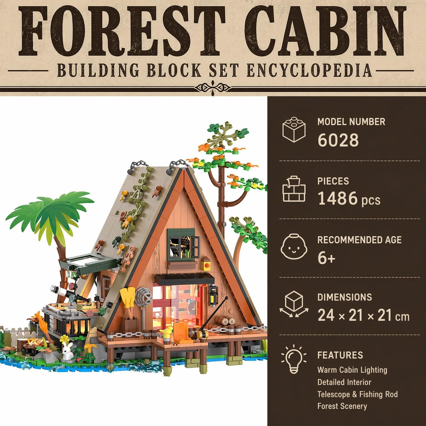 A-Frame Cabin Building Set with LED Light, 1486 Pcs Wooden Lakeside Cabin House Model Kit, 2-Story Architecture Collectible Set for Adults, Nature Animal Lovers Gift ZY-6028