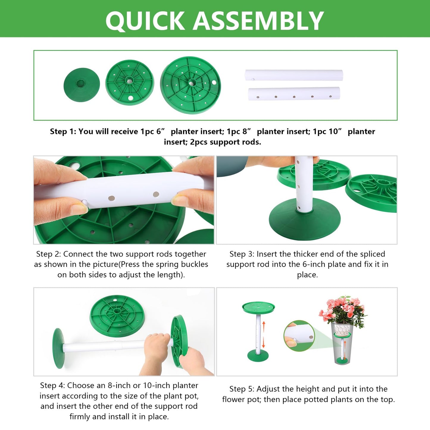2 Pack Plant Riser Inserts for Large Pots, 8 in/10 in Interchangeable Sturdy Planter Inserts & 11 - 17 in Adjustable Height Lifters Planter Filler for Indoor & Outdoor Various Shapes Pots（Green）