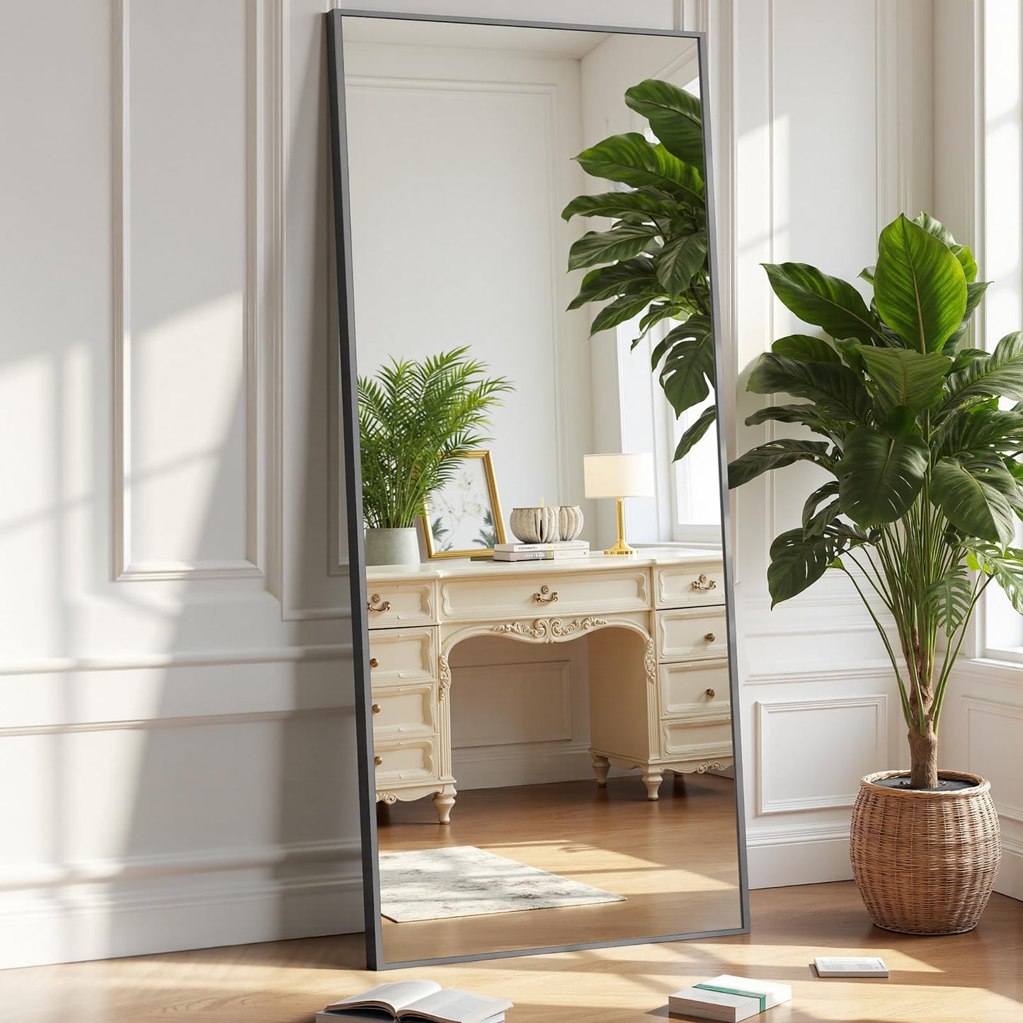 OLIXIS Black Full Length Mirror 60"x16" for Bedroom, Full Body Mirror with Stand, Hanging or Leaning for Wall, Aluminum Alloy Thin Frame Floor Standing for Living Room, Long