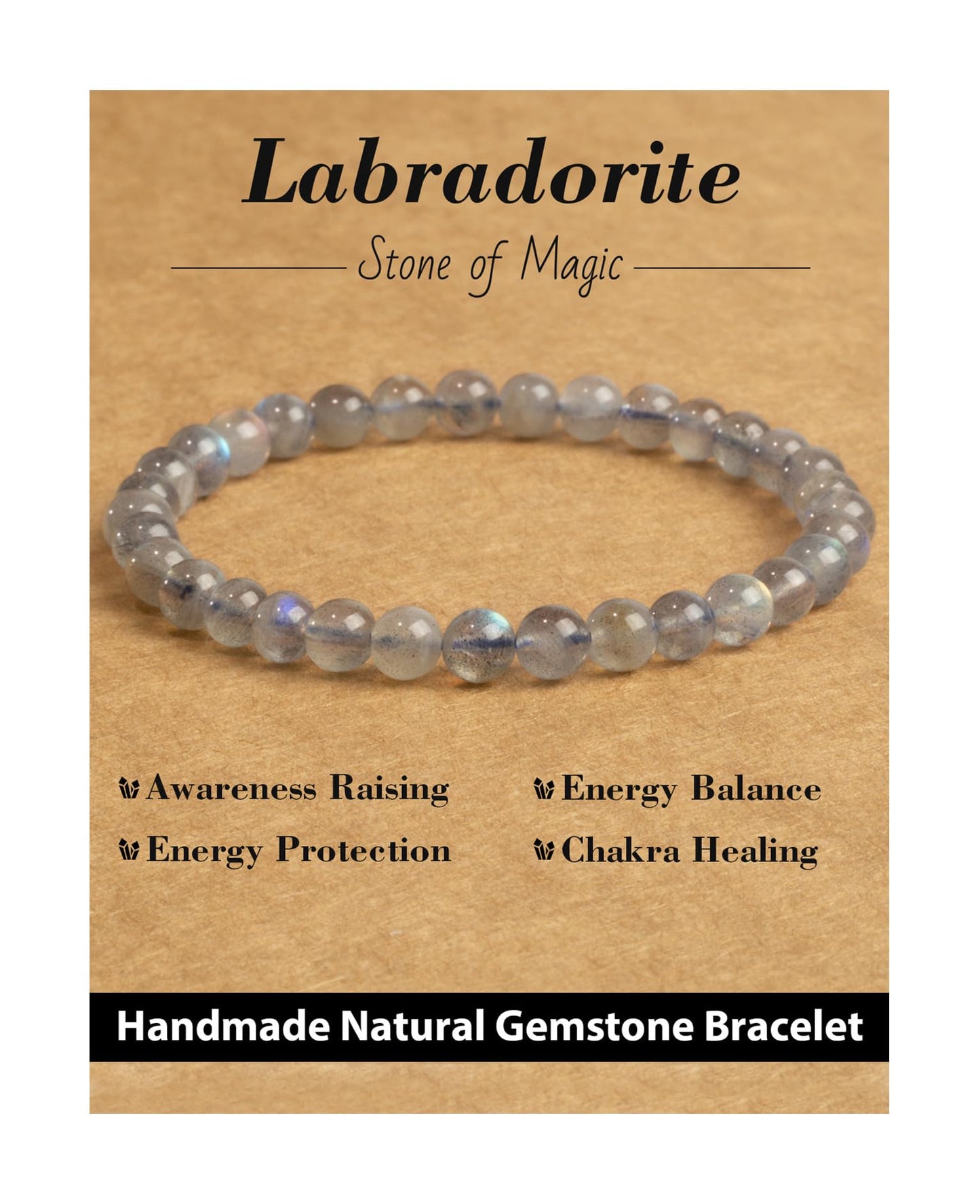 Landorilo Beaded Bracelet for Men Women, 6mm Natural Stone Labradorite Healing Crystal Stretch Bracelets, Ideal Christmas Birthday Jewelry Gifts with Energy Card，Replacement Beads Included
