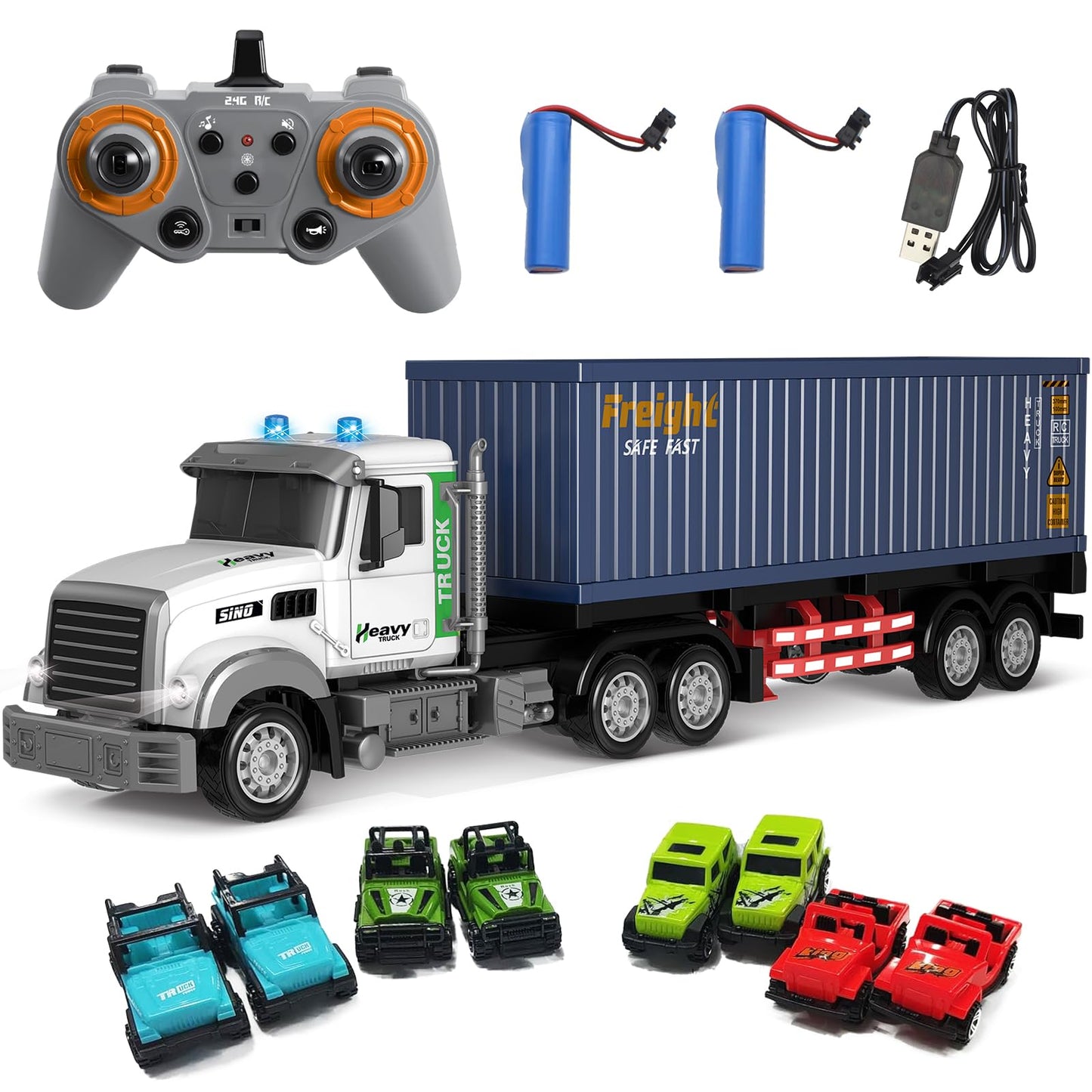 Mostop RC Semi Truck with Trailer, 23.6 Inch Remote Control Semi Truck Toy for Kids 3-8, 1:24 Scale Container Carrier Transport Vehicle with 2 Batteries, LED Lights & Sounds, Birthday Gift for Boys