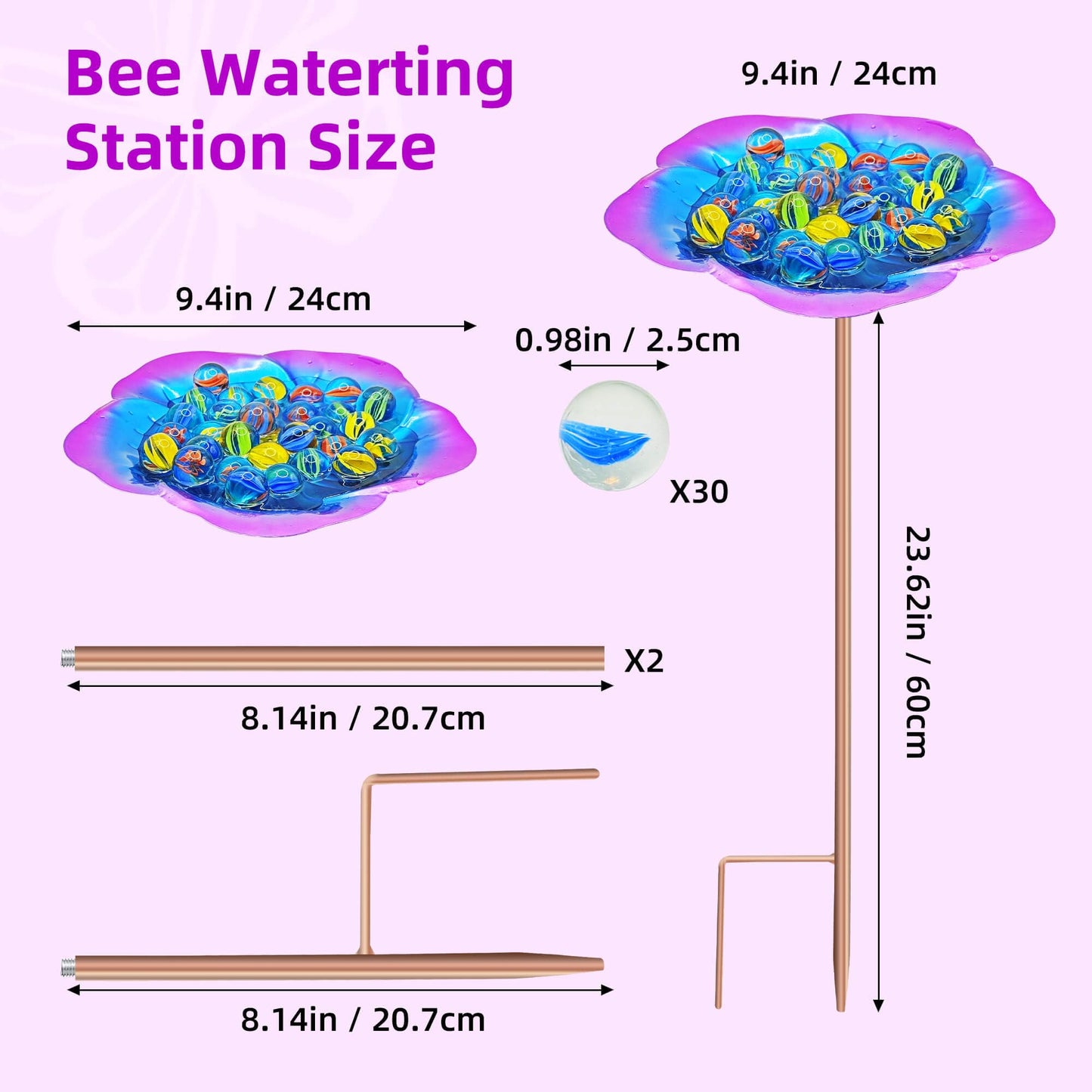 Large Bee Watering Station-Purple Butterfly Puddler Bee Bath & Feeder with Metal Stakes - 30 Glass Marbles, Vivid Flower Design, Garden Yard Decor (Purple-2PACK)