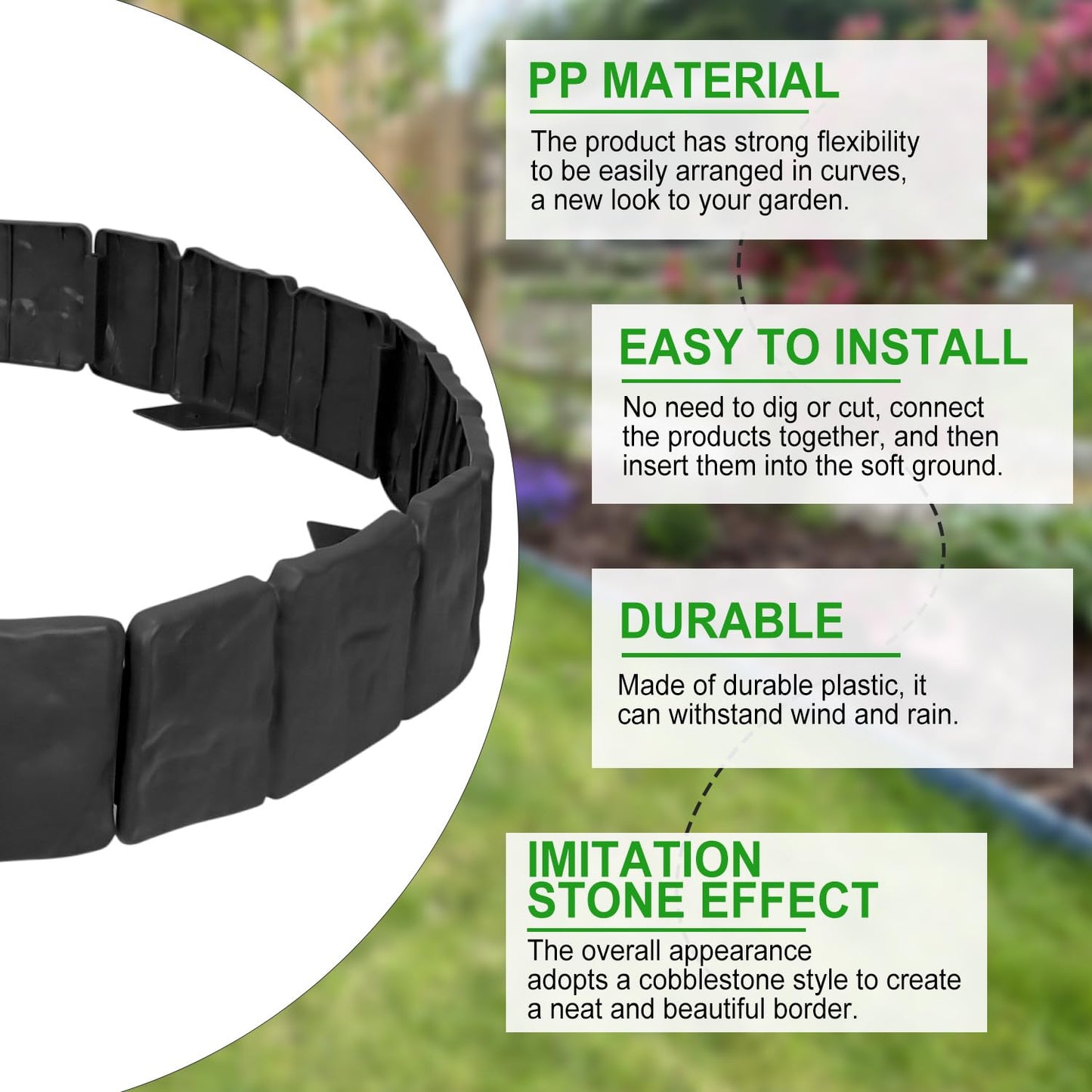 Garden Edging Border NO DIG, with Landscape Edging Anchoring Spikes, Black Stone Effect Plastic Lawn Edging Fencing, Interlocking Yard Lawn Edging for Flower Bed | 16 Ft | 20Pcs | Black |