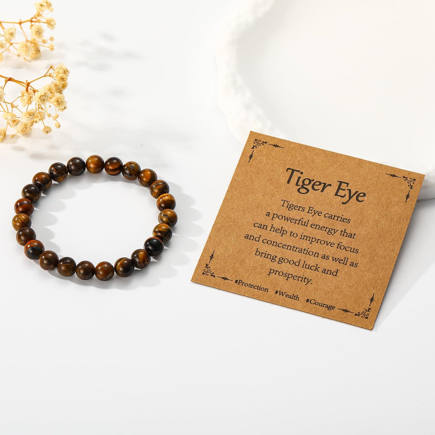 Gnamy Tiger Eye Beads Bracelet for Women, Healing Crystal Bracelet for Spiritual Healing Positive Energy Stress Relief, Natural Stone Stretch Beaded Bracelets Birthday Valentines Gifts Jewelry for Her Daughter Best Friends