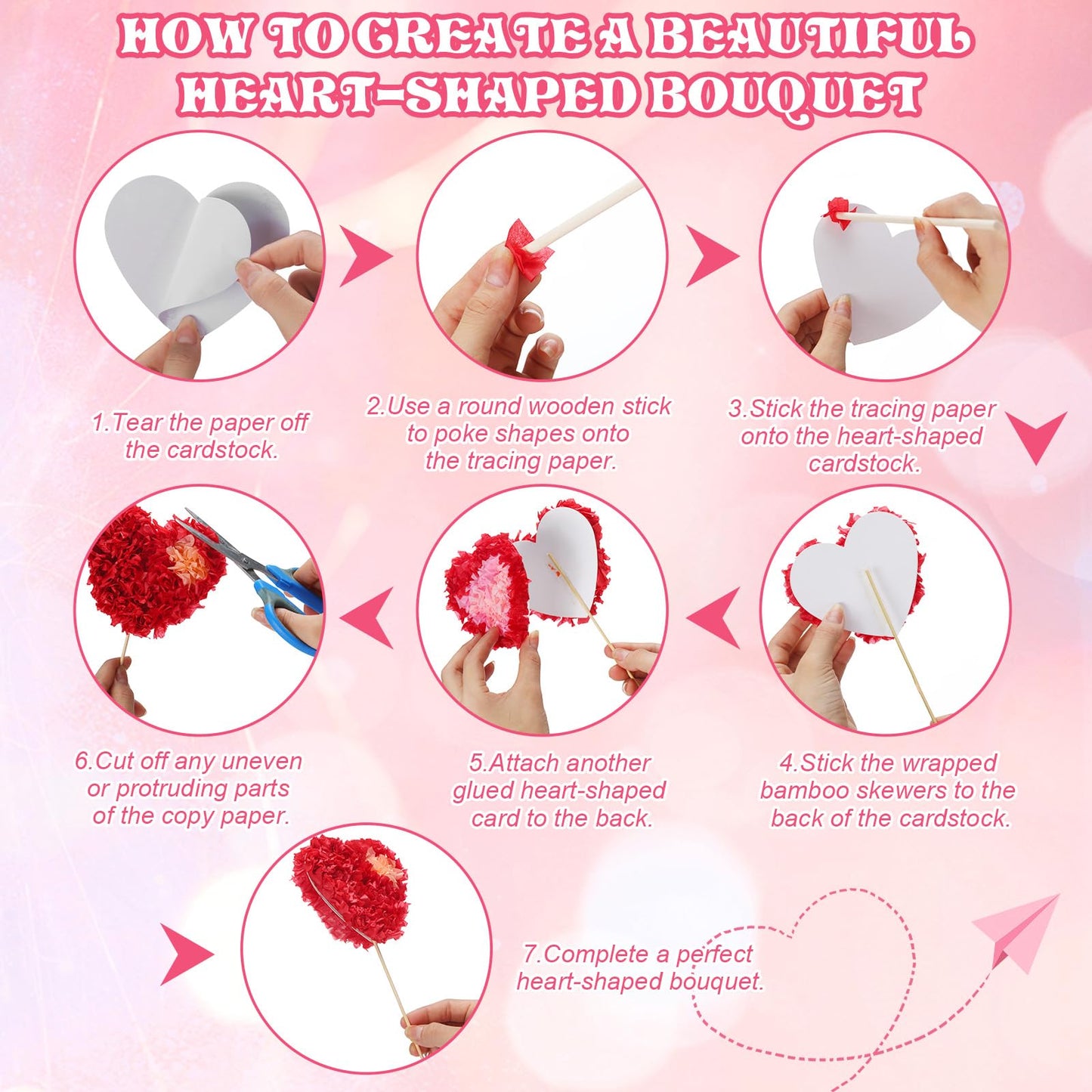 Glenmal 9097 Pcs/24 Set Valentine's Day Craft Kit Heart Shape Poke Art Flower Bouquet Kits with 9000 Tissue Paper Squares 48 Heart Paper Cut for Adults Valentine's Day Activities DIY Craft Supplies