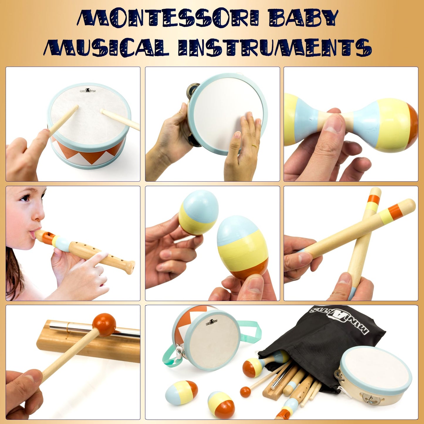 MINIARTIS Toddler Musical Instruments - Montessori Wooden Musical Toys for Toddlers 1-3 | Modern Boho Baby Drum Set with Neutral Colors Percussion Instruments | Kids Preschool Educational
