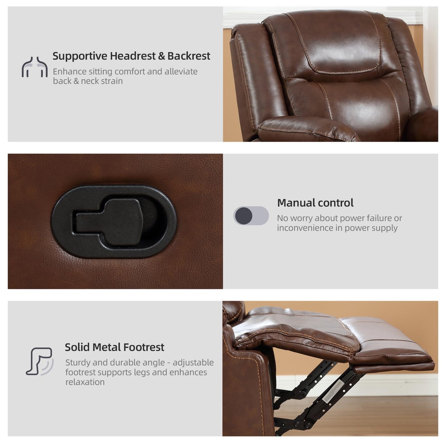 EBELLO Genuine Leather Recliner Manual 3 Seat Sofa Couch for Living Room, 3 Seater Reclining Sofa Chair with Headrest and Armrest, Modern Durable Home Furniture for Meeting Room, Vintage Brown