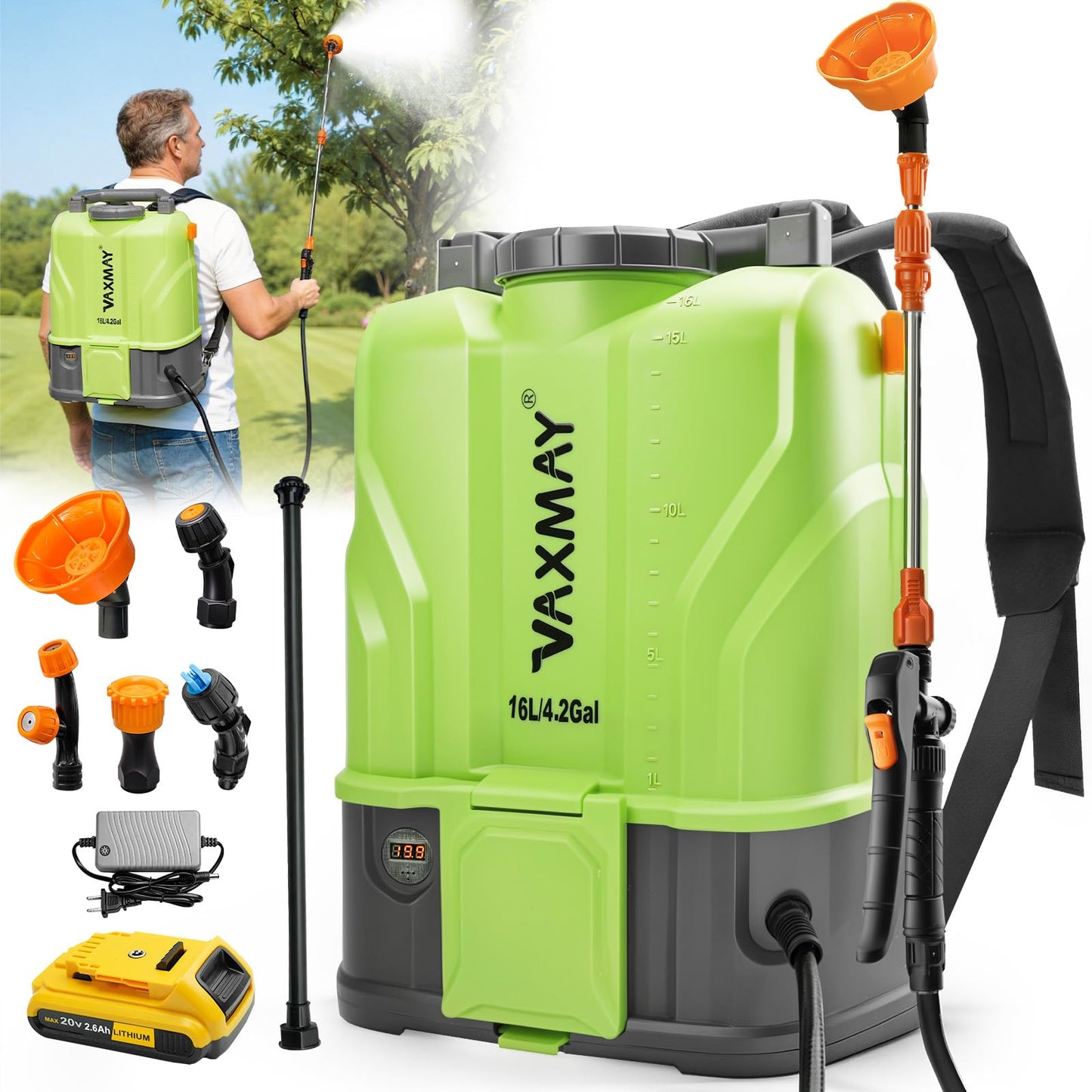VAXMAY Battery Powered Backpack Sprayer 4.2 Gallon, 120 PSI Electric Garden Sprayer Compatible with DeWalt 20V Battery, Weed Yard Sprayer with 2 Wands, 5 Nozzles, 2.6 Ah Battery & Charger Included