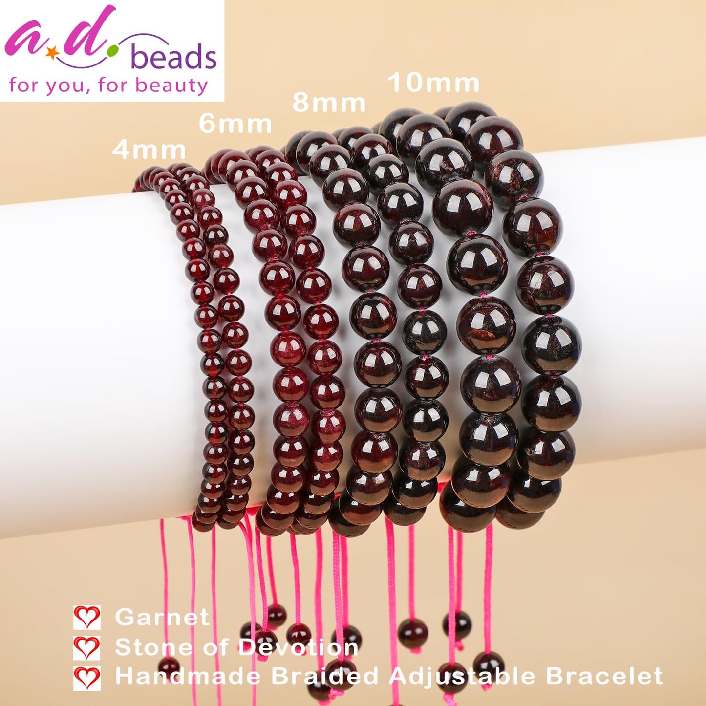 AD Beads 6mm Garnet Bracelet - Stone of Devotion - Handmade Natural Stone Crystal Bracelet with Adjustable Macrame String - Yoga Healing Power Energy Gifts for Men and Women