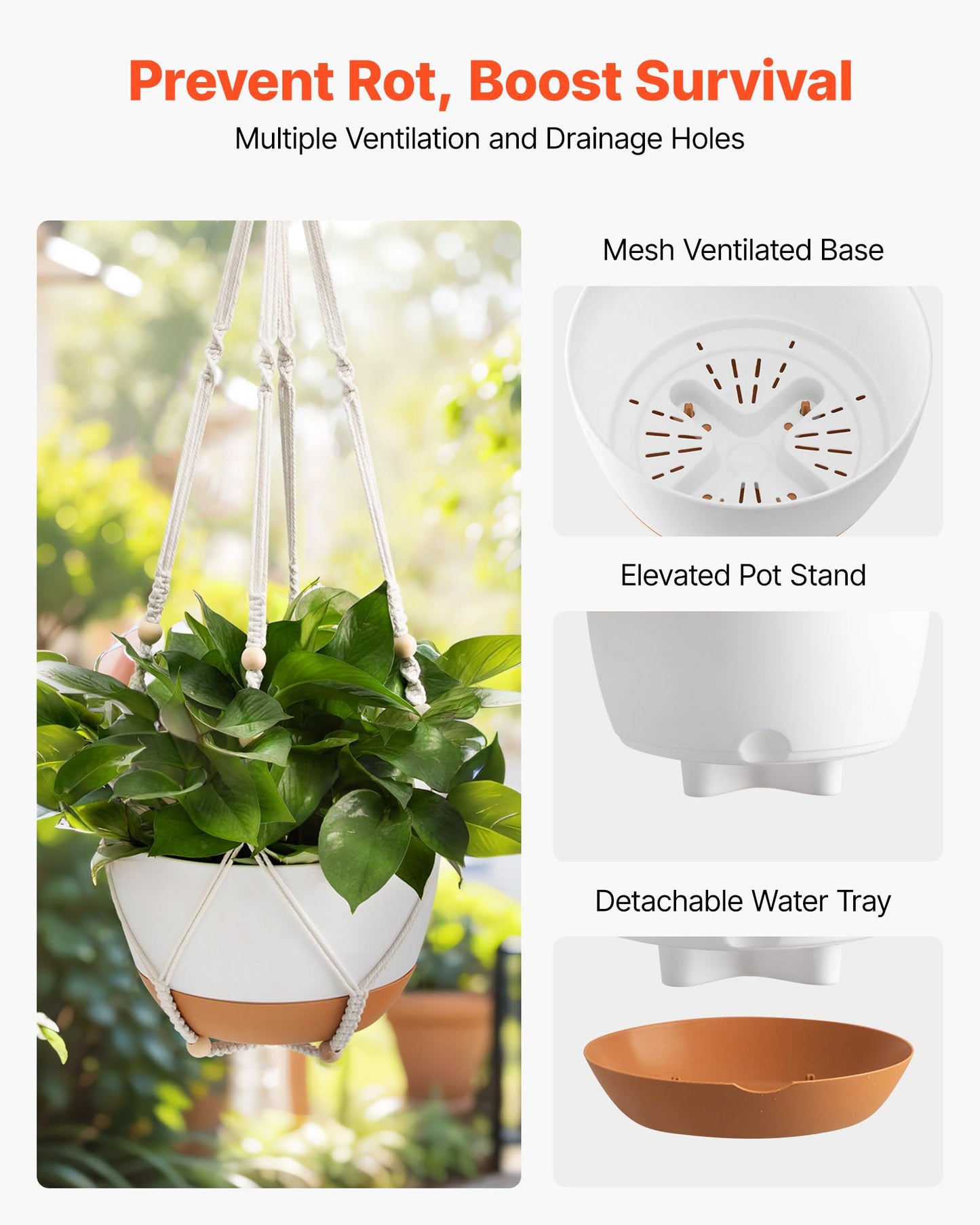 VEVOR Hanging Planters, 10 Inch Self-Watering Hanging Planter, 2 Pack Flower Pots with Drainage Hole & 2 Kinds of Plant Hangers, Plastic Basket Pots, for Garden Home Decor, Indoor & Outdoor Plants