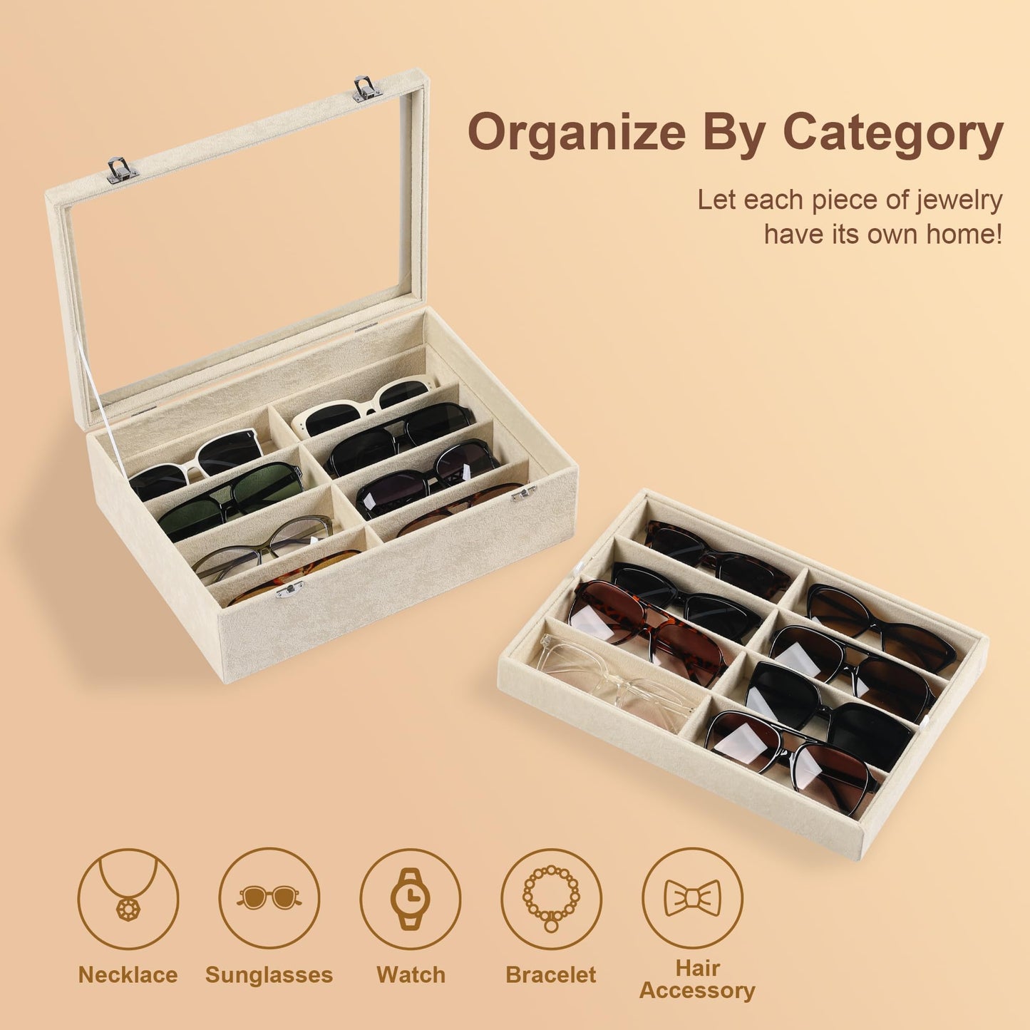 Frebeauty 16 Slots Sunglasses Organizer,2 Layer Velvet Sunglasses Tray with Glass Lid,Multiple Pairs Sunglass Display Case for Man or Woman,13.7 * 10.25 * 4.1 Inches Eyeglass/Eyewear Box (Black)