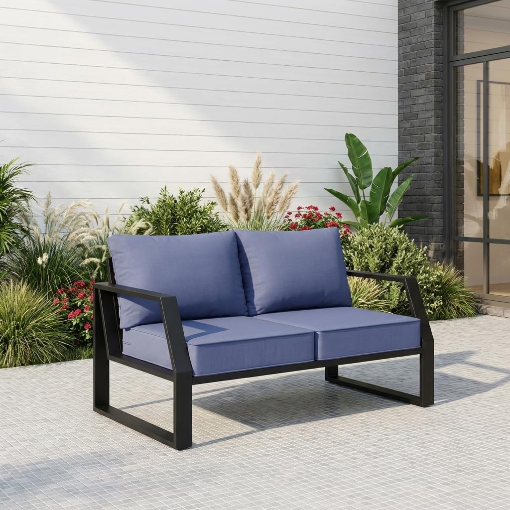 knocetx Oversized Outdoor Aluminum Patio Loveseat, 5" Thick Cushions Deep Seat Sofa, Modern Design with Wide Armrests, All-Weather Rustproof Frame for Backyard, Porch, Garden